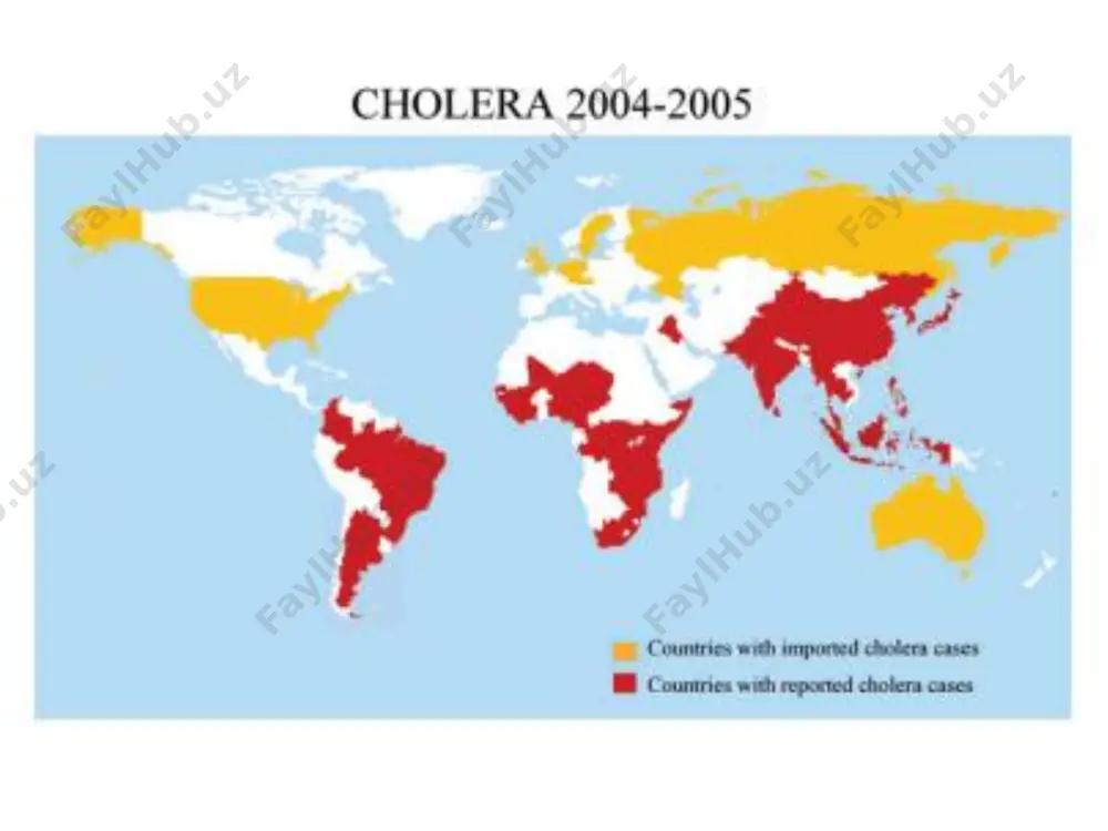 oldini oladi. epidemik o'choqlarda vaboning reinfektsiyasi kuzatiladi. mikrobiologik diagnostikasi. maxsus o'ta xafvli kasalliklar laboratoriyasida olib boriladi. bakteriologik, bakterioskopik, serologik usullardan foydalaniladi. davosi. patogenetik – suvsizlikka qarshi kurash, modda almashuvini normaga keltirish. kaliy va natriy eritmalarini, qon plazma, qon preparatlari yuborish. kasallik belgilariga qarab parhez buyuriladi. bemorning venasiga, so'ngra og'iz orqali yarim sintetik tetratsiklin, levomitsetin yuboriladi. keyingi yillarda sifloks, tarivid, piflatsin, levomitsetin, trimetoprimsulfametoksazol va tetrotsiklinlar yaxshi natija bermoqda. kasallikni oldini olish vabo o'chog'ida ko'riladigan choralar: 1) vabo bilan kasallangan birinchi bemorni aniqlash va rshyxatga olish , sog'liqni saqlash tashkilotlariga mahlumot berish. 2) bemor va vibrion tashib yuruvchilarini ajratish va kasalxonaga yotqizish, u bilan muloqatda bo'lganlarni bakteriologik tekshiruvdan o'tkazib, nazorat qilish. 3) vabo uchun ajratilgan kasalxonalarni va vabo o'choqlarini bir necha bor dezinfektsiya qilish. 4) karantin joriy etish. 5) suv manba'larini zararlanishdan himoya qilish. 6) suv xavzalarini muntazam bakteriologik usul bilan tekshirib turish pashshalarni yo'qotish. 7) kasallik o'chog'ida shaxsiy gigienaga rioya qilish, …