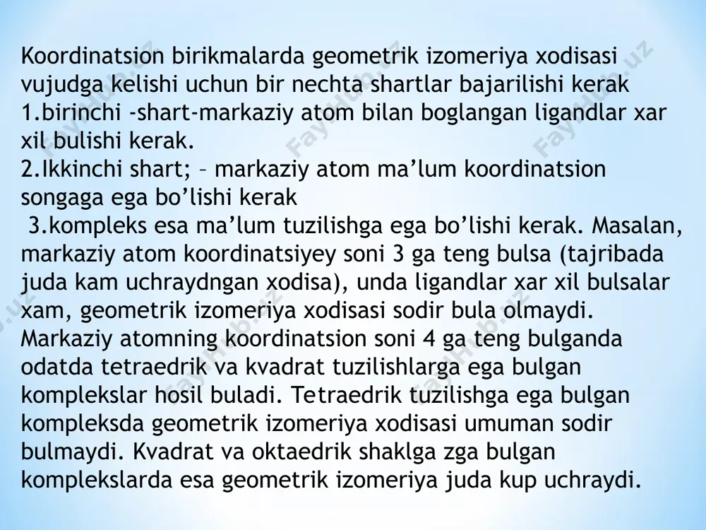 ’lana oladigan ligandlar ambident ligandlar deb nomlanadi. izomeriyaning qolgan turlari yukorida kurib chikilgan izomeriya turlaridan tashkari koordinatsion birikmalarda ionizatsion, solvat (gidrat) va koordinatsion izomeriya tur-lari maajud. ionizatsion izomeriya ionlarning koordinatsion sferani ichki yoki tashki kismlarida joylashganlaridan kelib chikadi. masalan, (pt(nh3)4cl2) br2va (pt(nh3)4br2)cl2 kompleks birikmalaridan ionizatsion izomeralardir. ionizatsion izomeralar odatda bir-biridan fizikaviy va kimyoviy xossalari buyicha keskin fark kiladi. masalan, tukkizil (co(nh3)5 br)so4 kompleks birikma ionlari bilan ok baso4 chukma xosil kiladi, chunki kompleksn ichki va tashki sferalarga parchalaganda xosil bulgan so24- va va2+ -ion bilan reaksiyaga kirishadi. bu kompleksga ionizutsion izomer bulgan (co(nh3)5 so4) bariy ionlari bilan umuman reaksiyaga kirishmaydi, lekin komplsksning suvli eritmasiga ag(l) -ionlari kushilsa, sarik rangli agbr chukma xosil buladi. ionizatsion izomeriya xodisasi kup kompleks birikmalarning ichki va tashki koordinatsion sferalar tarkibini aniklashda katta yordam beradi. solvat izomeriya etuvchi molekularning ichki va tashki koordinatsion sferada joylanishidan kelib chikadi. erituvchi sifatida suv bulsa, gidrat izomeriya sodir buladi. gidrat …