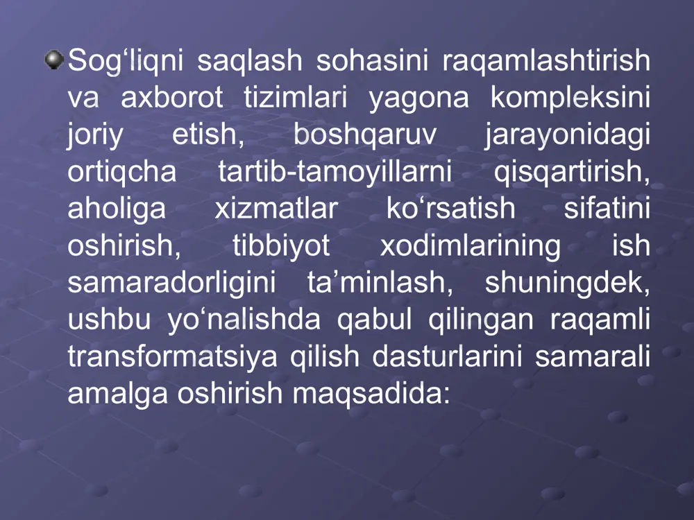 mehnat jamoasini shakllantirishga; yuklangan vazifalarni amalga oshirish doirasida malakali mutaxassislarni, shu jumladan chet ellik mutaxassislarni maslahatchi sifatida to‘g‘ridan-to‘g‘ri shartnomalar asosida jalb qilishga ruxsat berilsin. 5. belgilansinki: 2024 yil 1 yanvardan boshlab respublikadagi barcha tibbiyot va farmatsevtika tashkilotlari, shu jumladan dorixonalar majburiy tartibda bosqichma-bosqich yagona platformaga ulanadi; sog‘liqni saqlash sohasidagi axborot tizimlari, resurslari va boshqa dasturiy mahsulotlarni yaratish va joriy etish majburiy tarzda “it-med” mchj bilan kelishilgan holda amalga oshiriladi. 6.sog‘liqni saqlash tizimiga yagona platformani o‘z vaqtida, to‘laqonli va sifatli joriy qilish, mas’ul vazirlik, idora va tashkilotlar bilan joriy etilayotgan loyihalarni muvofiqlashtirish, amalga oshirilgan ishlar holatini baholash hamda muntazam ravishda sog‘liqni saqlash va boshqa tizimlardagi rahbar va ular o‘rinbosarlarining hisobotlarini eshitishni tashkil etsin; sog‘liqni saqlash vazirligi tizimining raqamlashtirilishiga investorlarni jalb qilsin; 2023 yil 1 yanvarga qadar aholi va tizim foydalanuvchilari tomonidan interaktiv tibbiy xizmatlarni olish imkonini beruvchi maxsus dastur va mobil ilovalarni ishlab chiqsin va ishga tushirsin. mazkur qarorning ijrosini nazorat …