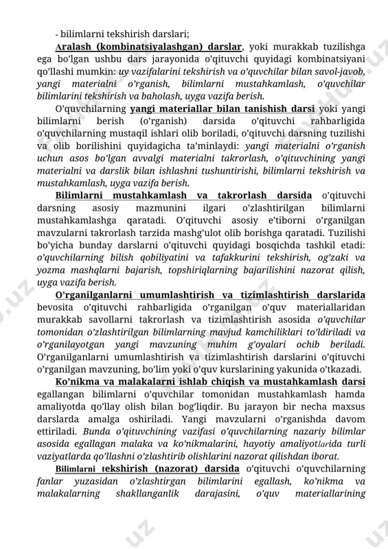 g’ri baholay oladigan, mavjud ziddiyatlarni o’z iroda kuchi bilan bartaraf etishning uddasidan chiqa olishi zarur. o’qituvchi o’quvchilar, ota-onalar hamda hamkasblari bilan muloqot jarayonida fikrini aniq va to’la bayon etilishiga ahamiyat qaratishi maqsadga muvofiqdir. ular bilan munosabat jarayonida so’zni salbiy holatlar haqidagi dalillarni keltirishdan emas, aksincha, o’quvchi (yoki hamkasbi, ota-onalar)ning muvaffaqiyatlarini e’tirof etishi, ularning yanada boyishiga ishonch bildirishi, u bilan tillasha olishiga imkon beradi. muloqot jarayonida o’qituvchining so’zlaridan suhbatdoshiga nisbatan xayrixohlik, samimiylik, do’stona munosabat sezilib turishi, shuningdek, imkon qadar ko’tarinki kayfiyatda bo’lishi zarur. o’qituvchining mazkur talablarga muvofiq keluvchi qiyofasi uning o’quvchilar, hamkasblar hamda ota-onalar orasida obro’-e’tibor qozonishini ta’minlaydi. dars – ta’lim jarayonining asosiy shakli dars –ta’lim jarayonining asosiy tashkiliy usuli bo’lib, unda sinf dars tizimining barcha xususiyatlari aks etadi. darsda o’qituvchi tashkiliy tartibni va o’quv ishlarining muntazamligini ta’minlaydi. dars bevosita o’qituvchi rahbarligida aniq belgilangan vaqt davomida muayyan o’quvchilar guruhi bilan olib boriladigan ta’lim jarayonining asosiy shaklidir. o’qituvchining o’quvchilarga pedagogik ta’sir ko’rsatish …