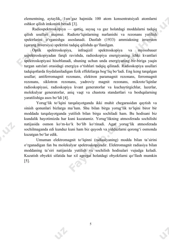 stlab (1933) ammiakning inversion (qarang inversiya) spektrini tadqiq qilishda qoʻllanilgan. optik spektroskopiya, infraqizil spektroskopiya va myossbauer uspektroskopiyadan farqli ravishda, radioskopiya energiyaning ichki kvantlari spektroskopiyasi hisoblanadi, shuning uchun unda energiyaning bir-biriga yaqin turgan satxlari orasidagi energiya oʻtishlari tadqiq qilinadi. radioskopiya usullari tadqiqotlarda foydalaniladigan fizik effektlarga bogʻliq boʻladi. eng keng tarqalgan usullar; antiferromagnit rezonans, elektron paramagnit rezonans, ferromagnit rezonans, siklotron rezonans, yadroviy magnit rezonans, mikrotoʻlqinlar radioskopiyasi, radioskopiya kvant generatorlar va kuchaytirgichlar, lazerlar, molekulyar generatorlar, aniq vaqt va chastota standartlari va boshqalarning yaratilishiga asos boʻldi [4]. yorug‘lik tо‘lqini tarqalayotganda ikki muhit chegarasidan qaytish va sinish qonunlari bizlarga ma’lum. shu bilan birga yorug‘lik tо‘lqini biror bir moddada tarqalayotganda yutilish bilan birga sochiladi ham. bu hodisani biz kundalik hayotimizda har kuni kuzatamiz. yorug‘likning atmosferada sochilishi natijasida osmon kо‘m-kо‘k bо‘lib kо‘rinadi. agar yorug‘lik atmosferada sochilmaganda edi kunduz kuni ham biz quyosh va yulduzlarni qorong‘i osmonda kuzatgan bо‘lar edik. umuman elektromagnit tо‘lqinni (radiasiyaning) modda bilan ta’sirini о‘rganadigan …