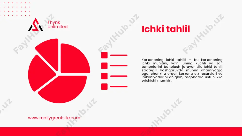 rish mushkul). organization (tashkilot) uzauto resurslaridan qanchalik samarali foydalanadi? ishlab chiqarish quvvati – yillik 250,000+ avtomobil. lean ishlab chiqarish – chiqindilarni kamaytirish. xodimlar malakasi – mutaxassislarni tayyorlash (o‘zmu, turin politexnika universiteti bilan hamkorlik). natija: samarali tashkil etilgan (lekin yangi raqobatga moslashish kerak). yakuniy xulosa (uzauto uchun vrio jadvali) vriouzauto baholash value (mijozlar uchun qimmatli mahsulotlar) rarity (o‘zbekistonda yagona yirik avtoishlab chiqaruvchi) imitability (davlat himoyasi + gm texnologiyasi) organization (yaxshi, lekin elektromobillar bo‘yicha zaifliklar bor) strategik tavsiyalar: elektromobillar bozoriga kirish (byd, tesla kabi raqiblardan qolib ketmaslik). eksportni oshirish (qozog‘iston, tojikiston bozorlari). xodimlarni yangi texnologiyalar bo‘yicha o‘qitish. tashqi tahlil 2019 2024 tashqi tahlil – bu kompaniyaning tashqi muhitidagi omillarni o‘rganib, ularning biznesga ta’sirini baholash jarayoni. u strategiyani ishlab chiqishda asosiy rol o‘ynaydi, chungi bozor tendensiyalari, raqobatchilar, qonunlar va texnologik o‘zgarishlarni hisobga olmasdan muvaffaqiyat qozonish qiyin. asosiy maqsadlari: imkoniyatlarni aniqlash (yangi bozorlar, texnologik innovatsiyalar). tahdidlarni oldindan ko‘rish (raqobat, iqtisodiy inqirozlar). strategik qarorlarni asoslash …