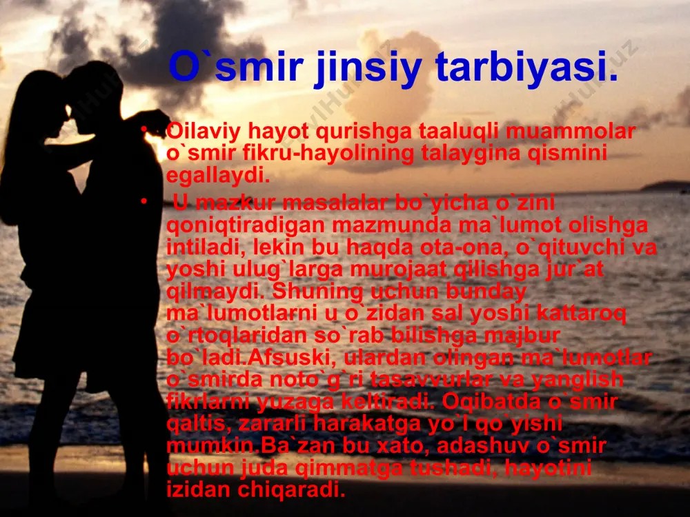 li qarori bilan tasdiqlangan “sog`lom avlod” davlat dasturini bajarishga doir ishlarni muvofiqlashtirish va nazorat qilish respublika komissiyasining 2000-yil 24-fevraldagi majlisi yig`ilishida balog`at yoshiga yetgan yigit-qizlarni maktabdayoq oilaviy hayotga tibbiy, jismoniy, psixologik, ijtimoiy jihatdan tayyorlashni yo`lga qo`yish, ayniqsa, qizlar sog`lig`ini yaxshilash masalasiga e`tiborni kuchaytirish, alohida ta`kidlangan. qiz bola organizmi xususiyatlari. tabiiyki, ayol va ona, bolalikdan boshlanadi.bo`lajak ona va uning bo`lajak farzandlari jismonan va aqlan barkamol bo`lishi uchun, qiz bola sog`lom tug`ilishi va sog`lom voyaga yetishi kerak. qiz bolada balog‘atga yetish jarayoni o`g`il bolaga nisbatan ancha murakkab kechadi.chunonchi, bo`lajak ayol organizmining jinsiy jihatdan shakllanishi, aniqrog`i, ayol uchun eng muhim a`zo hisoblangan tuxumdonning rivojlanishi, qizning onasi qornida homilalik davridan boshlanib, tug`ilgandan so`ng, to balog`atga yetish (18 yosh) davrigacha davom etadi. shu davr mobaynida qiz bola organizmi bir qator ijtimoiy va tibbiy muammolarga duch kelishi mumkin. binobarin, qiz bola (homila) o`z onasi bachadonida rivojlanishi davrida, uning uchun ona organizmi tashqi muhit hisoblanadi. demak, ona …