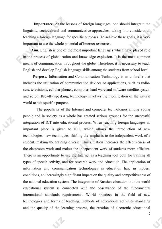 s, an increasingly significant impact on the quality and competitiveness of the national education system. the integration of russian education into the world educational system is connected with the observance of the fundamental international standards requirements. world practices in the field of new technologies and forms of teaching, methods of educational activities managing and the quality of the learning process, the creation of electronic educational resources are widely used in teaching foreign languages. national standards of the ict use are coordinated with international standards and regulations. at the lessons of foreign languages, one should integrate the linguistic, sociocultural and communicative approaches, taking into consideration teaching a foreign language for specific purposes. to achieve these goals, it is very important to use the whole potential of internet resources. the internet offers users various options that can be used by students and teachers: e-mail, participation in videoconferences, publication of research articles in …
