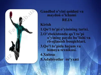 gandbol o’yini qoidasi va maydon o’lchami — PPT