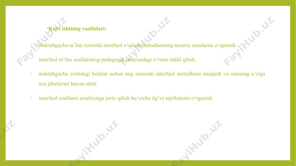 ar individual psixologik xususiyatlariga ko’ra har xil bo’ladi, lekin ta’lim-tarbiya bitta dastur asosida olib boriladi, bitta dastur asosida olib borilar ekan deb, hamma boladan bir xil natijani talab qilishimiz to’g’ri emas, qaysidir bola ba’zi narsalarni oldinroq o’rgansa, ba’zilari keyinroq o’rganadi, kimdir amaliy bajarib tez o’rgansa, kimdir boshqaning bajarganini ko’rib tez o’rganib oladi. shu sababli bolalar bilan ishlayotganimizda ularga individual tarzda munosabatda bo’lishimiz, har bir bolaning yutug’ini ko’ra olishimiz va rag’batlantirishimiz, ularning yanada kuchli ishtiyoq bilan o’z ustida ishlashiga turtki bo’ladi. pedagogik texnologiyalarda didaktik o’yinlar texnologiyalari bolalar faoliyatini faollashtirish va jadallashtirishga asoslangan. ular bolalar shaxsidagi ijodiy imkoniyatlarni ro’yobga chiqarish va rivojlantirishning amaliy yechimlarini aniqlash va amalga oshirishda katta ahamiyatga ega. didaktik o’yinlarning asosiy turlari: intellektual (aqliy) va harakatli hamda aralash o’yinlardan iborat. bu o’yinlar ishtiroklarida aqliy, jismoniy, axloqiy, psixologik, estetik, badiy, tadbirkorlik, mehnat va boshqa ko’nikmalarni rivojlantirishga yordam beradi. 2.2. maktabgacha ta’limda innovatsion pedagogik texnologiyalarni qo‘llash bosqichlari va usullari. innovatsiya (inglizcha …