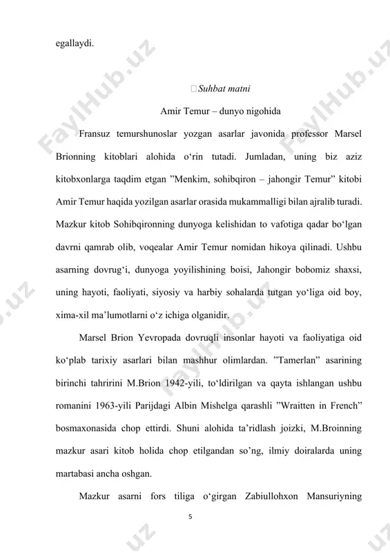 g kuyovi” unvonini qozonxonning qizi saroymulkxonimga uylangandan so‘ng oladi. sohibqironning bunyodkorlik sohasidagi tarixiy xizmatlari ham beqiyosdir. tarixiy jahongirlar shahar va qishloqlarni vayronaga aylantirgan bo‘lsa, amir temur umr bo‘yi bunyodkorlik ishlari bilan mashg‘ul bo‘lgan. “qay bir joydan bir g‘isht olsam, o‘rniga o‘n g‘isht qo‘ydirdim, bir daraxt kestirsam, o‘rniga o‘nta ko‘chat ektirdim ”, – degan ekan amir temur. topshiriq. matnni o‘qing, matndagi fikrlarga munosabatingizni bildiring, qo‘shimchalar qiling. topshiriq. buyuk sohibqiron amir temur haqidagi hujjatli kadrlar asosida suratga olingan filmni tomosha qiling. film yuzasidan fikrlaringizni bildiring. maqollarni yod oling ona yurting omon bo‘lsa, rangi ro‘ying somon bo‘lmas. vatanning vayronasi, umrning g‘amxonasi. bulbul chamanni sevar, odam - vatanni. vatan gadosi - kafan gadosi. she’rni yod oling men nechun sevaman o‘zbekistonni? men nechun sevaman o‘zbekistonni, tuprog‘in ko‘zimga aylab to‘tiyo? nechun vatan deya yeru osmonni, muqaddas atayman, atayman tanho. aslida, dunyoda tanho nima bor, paxta o‘smaydimi o‘zga elda yo? yoki quyoshimi sevgimga sabab? axir quyoshli-ku butun …