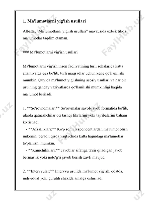 ri qarorlar qabul qilinishiga olib kelishi mumkin. to'g'ri ma'lumotlarni yig'ish usullarini tanlash, maqsadga erishish uchun muhim ahamiyat kasb etadi. ma'lumot yig'ish nafaqat ilmiy izlanishda, balki marketing, davlat boshqaruvi, tibbiyot, ta'lim va boshqa ko'plab sohalarda ham muhimdir. ma'lumotga asoslangan qaror qabul qilish jarayonlarida ishonchli va aniq ma'lumotlar yig'ish usullari tijorat va ilmiy muvaffaqiyatga olib kelishi mumkin. 2. ma'lumotlarni rasmiylashtirish va saqlash ma'lumotlarni rasmiylashtirish va saqlash zamonaviy davrda axborot texnologiyalari sohasida katta ahamiyatga ega. bu jarayonlar har xil turdagi tashkilotlar, korxonalar va davlat idoralari uchun muhimdir. quyida ma'lumotlarni rasmiylashtirish va saqlash bilan bog'liq ma'lumotlar va statistikalar keltiriladi. 1. **ma'lumotlarni rasmiylashtirish**: - ma'lumotlarni rasmiylashtirish, ya'ni ma'lumotlarni tartibga solish va tuzilmalashtirish jarayoni, katta hajmdagi ma'lumotlar bilan ishlash imkoniyatini oshiradi. bu jarayon turli xil formatlardagi va manbalardagi ma'lumotlarni yagona standartga keltirishni nazarda tutadi. misol uchun, kompaniya o'z mijozlarining ma'lumotlarini rasmiylashtirganda, ular barqaror va bir xil formatda saqlanadi. 2. **ma'lumotlarni saqlash**: - ma'lumotlar hajmi tobora ortib …