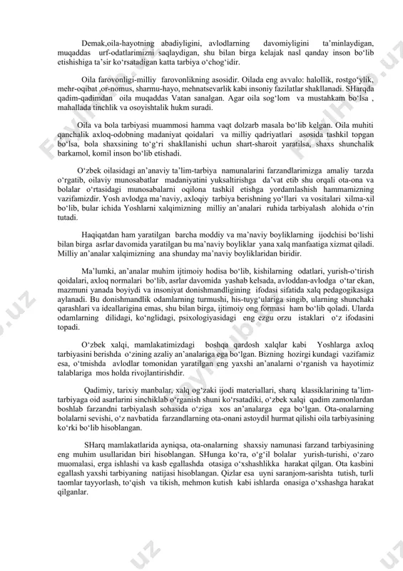 a o‘rin tutadi. haqiqatdan ham yaratilgan barcha moddiy va ma’naviy boyliklarning ijodchisi bo‘lishi bilan birga asrlar davomida yaratilgan bu ma’naviy boyliklar yana xalq manfaatiga xizmat qiladi. milliy an’analar xalqimizning ana shunday ma’naviy boyliklaridan biridir. ma’lumki, an’analar muhim ijtimoiy hodisa bo‘lib, kishilarning odatlari, yurish-o‘tirish qoidalari, axloq normalari bo‘lib, asrlar davomida yashab kelsada, avloddan-avlodga o‘tar ekan, mazmuni yanada boyiydi va insoniyat donishmandligining ifodasi sifatida xalq pedagogikasiga aylanadi. bu donishmandlik odamlarning turmushi, his-tuyg‘ulariga singib, ularning shunchaki qarashlari va ideallarigina emas, shu bilan birga, ijtimoiy ong formasi ham bo‘lib qoladi. ularda odamlarning dilidagi, ko‘nglidagi, psixologiyasidagi eng ezgu orzu istaklari o‘z ifodasini topadi. o‘zbek xalqi, mamlakatimizdagi boshqa qardosh xalqlar kabi yoshlarga axloq tarbiyasini berishda o‘zining azaliy an’analariga ega bo‘lgan. bizning hozirgi kundagi vazifamiz esa, o‘tmishda avlodlar tomonidan yaratilgan eng yaxshi an’analarni o‘rganish va hayotimiz talablariga mos holda rivojlantirishdir. qadimiy, tarixiy manbalar, xalq og‘zaki ijodi materiallari, sharq klassiklarining ta’lim-tarbiyaga oid asarlarini sinchiklab o‘rganish shuni ko‘rsatadiki, o‘zbek …