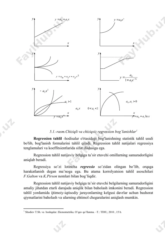 regresion tahlilni qo’llash uchun quyidagi talablarni bajargan ma’qul: · o’rganilayotgan to’plam iloji boricha katta bo’lishi; · o’rtalashtirilayotgan belgi miqdori ob’ektiv bo’lishi; · taqsimot qatorlari normal taqsimot qonuniga bo’ysunishi va iloji boricha unga yaqin bo’lishi kerak va h.k. yana shu ham ma’lumki, korrelyatsion-regression tahlil asosida quyidagi vazifalar hal qilinadi: · omil belgi bilan natijaviy belgi o'rtasidagi bog'liqlik aniqlash va bog'liqlik turini belgilash; · belgilar o'rtasidagi bog'lanishni ifodalovchi regressiya tenglamasini aniqlash va uning parametrlarini hisoblash; · bog'lanish zichligi va kuchini o'lchash modelni tuzish bosqichlari: • masalaning qo'yilishi va statistik ko'rsatkichlarini isbotlash. • statistik ma'lumotlarni to'plash va ularni birlamchi qayta ishlash. • juft bog'lanishlarni o'rganish. • bog'lanish shakllarini tanlash va regressiya tenglamalari parametrlarini aniqlash. • masalaning echish natijalarini statistik baholash va modelning iqtisodiy ma'nosi. tenglama tipini aniqlash tartibi. ikki hodisa yoki omil va natijaviy belgilar orasidagi bog'lanish juft korrelyatsiya deb ataladi. tahliliy jihatdan u turli, masalan, to'g'ri chiziqli, parabola, giperbola va boshqa shaklli …