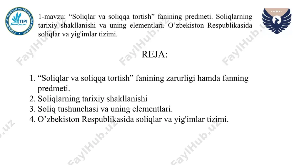 shish uchun ham zarurdir. fan quyidagi fanlar bilan o`zaro bog`liq iqtisodiy ta`limotlar tarixi iqtisodiyot nazariyasi davlat byudjeti moliya va boshqalar soliqlar va soliqqa tortish fani soliq nazariyasi fani bilan chambarchas bog‘liqdir, uning maxsus bo‘limi, ya‘ni chuqurlashtirilgan va kengaytirilgan bo‘limidir. chunki soliq nazariyasi qonuniyatlari umumiqtisodiy nazariya qonuniyatlaridan chetga chiqib keta olmaydi, ularga asoslanadi va rivojlantiriladi. fanning predmeti - soliq voqe’liklari pul munosabatlarini o‘rganishdan iborat bo‘ladi. bu pul munosabatlari soliq to‘lovchilar (yuridik va jismoniy shaxslar) bilan soliqni o‘z mulkiga aylantiruvchi (soliq oluvchi) davlat o‘rtasidagi munosabatlardir. soliqlar va soliqqa tortish fanining predmeti soliq munosabatlarini (harakatini) o‘rganishdir. fanning mohiyati shu o‘rtadagi moliyaviy munosabatni ya’ni soliq to‘lovchi bilan davlat o‘rtasidagi munosabatni chuqur o‘rganish, soliq munosabatlarida qatnashuvchi tomonlarning iqtisodiy manfaatini e’tiborga olish, muvozanatni saqlash kabi munosabatlarni tashkil qilish tushuniladi. bu muvozanatni saqlashda, tomonlar adolatlilik tamoyiliga amal qilish zarur. fanning predmetini chuqur o‘rganish shuni ko‘rsatadiki, munosabatlarda bir tomonlama zo‘ravonlik munosabati bo‘lguday bo‘lsa, ikkinchi tomon unga javoban o‘z …