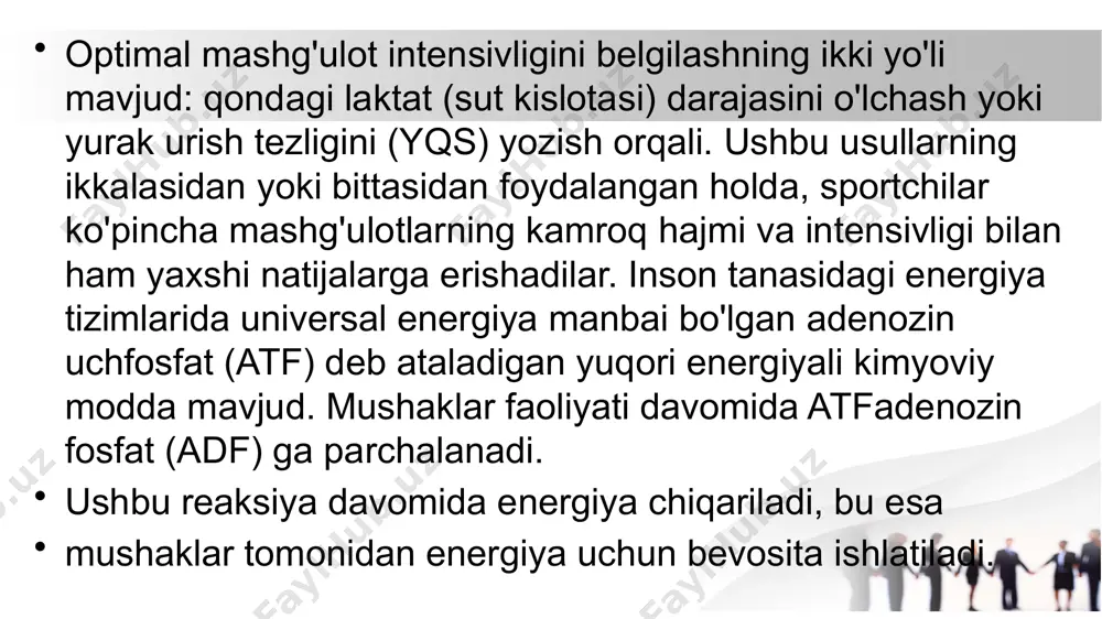 hi mumkin, bu jarayon hujayralari devorlarining shikastlanishini ko'rsatadi.qonning kislorod tizimi miqdorini normal holatga qaytarish uchun tanaga 24 dan 96 soatgacha kerak bo'lishi mumkin. bu ko'rsatkichlarni yuklama turlarini tanlashda hisobga olinish kerak atf zahiralari maksimal quvvat ishidan 2-3 soniyadan keyin tugaydi. krf maksimal ish 8-10 soniyadan so'ng to'liq iste'mol qilinadi va glikogen zahiralari 60-90 daqiqalik submaksimal ishdan keyin tugaydi. yog ' zaxiralari deyarli tugamaydi. 1 g yog'da 9,3 kkal, 1 g uglevodda esa 4,1 kkal mavjud. tanadagi yog'lar suv bilan bog'liq emas, lekin uglevodlar sezilarli miqdorda suv bilan bog'liq. agar tanamizda yog'lar ko'rinishidagi energiya zahiralari uglevodlar bilan almashtirilsa, tana vaznimiz ikki baravar ko'payadi.shunday qilib, vazn jihatidan yog'lar samarali energiya manbai hisoblanadi. yog 'cheklangan oziq-ovqat iste'moli bilan uzoq vaqt mashq qilish uchun ideal energiya manbai hisoblanadi. tanadagi uglevodlarning umumiy zaxiralari 2000 dan 3000 kkalgacha. inson tanasi yog'larni saqlash uchun ajoyib qobiliyatga ega. shunga qaramay, ularning zaxiralari juda katta farq qilishi mumkin. erkaklarda …