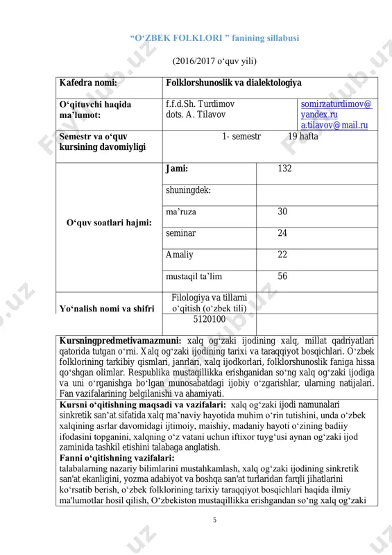 izohlanib, uning xalq og‘zaki ijodi asarlari tarkibiga badiiy estetik holatda o‘tish jarayoni o‘rganiladi. mifologik tafakkurning badiiy estetik tafakkurga o‘tish bosqichlari afsona, rivoyat, naql, epos, ertak, qo‘shiq misolida ochib beriladi. afsona, rivoyat, naql atamalari haqida ma’lumot. ularning umumiy va o‘ziga xos jihatlari. afsona va rivoyatlar tasnifi. osmon yoritgichlari, tog‘, daraxt, suv, olov va hayvonlar bilan bog‘liq afsona va rivoyatlar tahlil etiladi. to‘maris va shiroq rivoyatlari asosida vatan mavzusi yoritiladi. 3-mavzu: mavsumiy va oilaviy marosim folklori namunalari va ularning badiiyati. mavsumiy marosim folklorida so‘z magiyasining badiiy estetik sathga o‘tishi va boshqa masalalar yoritiladi. xalqona taqvimlar, navro‘z, shohmoylar, sust xotin, choy momo, loy tutish kabi marosimlarning verbal tizimi tahlil etiladi. oilaviy marosim janrlari yor-yor, kelin salom, o‘lan va boshqa namunalraning badiiyati, ma'no qatlamlari ko‘rsatiladi. ushbu marosim janrlarining obrazlar tizimi, she’riy tuzilishi ohang yo‘llari tahlil etiladi, o‘ziga xos jihatlari yoritiladi. 4- mavzu: xalq dostonlari doston janri haqida ma’lumot. doston - xalq og‘zaki ijodining sinkretik …