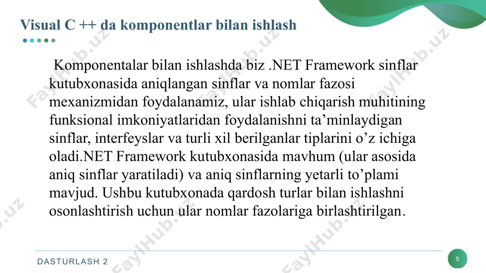 shunda tugma avvalgi shaklini oladi. dasturlash 2 button hodisalari (events) 19 dasturlash 2 20 button metodlari (methods) tugmada asosan ajdod sinflaridan meros qilib olingan ko'plab metodlar mavjud. keling, ulardan ayrimlarini ko'rib chiqaylik: hide() — tugmachani yashiradi (ko'rinmas qiladi); focus() — tugmachani faol qiladi (uni bosish mumkin); select() — focus () ga o'xshash ishlaydi; show() — tugmachani ko'rsatadi (“visible” xususiyatini "true" ga o'rnatadi). dasturlash 2 21 label komponentasi label (yorliq) komponentasi all windows forms komponentalar palitrasida joylashgan. ushbu komponenta o'z sohasida foydalanuvchi tomonidan dastur ishlashi davomida o'zgartira olmaydigan matnlar yoki rasmlarni namoyish etadi. komponenta formadagi obyektlarni nomlash yoki belgilash(piktogramma - ya'ni, biror komponent uchun yorliq sifatida) uchun ishlatiladi, ammo u kirish fokusini ololmaydi dasturlash 2 22 label komponentasi xususiyatlari dasturlash 2 label xususiyatlari (properties) 23 komponenta xususiyatlari properties oynasida ko'rsatilgan , ulardan ayrimlarini ko'rib chiqamiz: borderstyle — ochiladigan ro'yxatdan tanlangan yorliqning chegarasini belgilaydi. ro'yxatda uchta qiymat bor: qirrasiz, bir chiziqli qirra, …