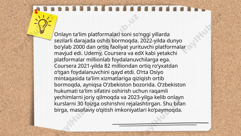 dai_bot edyuton orqali masofaviy ta'lim so‘nggi yillarda katta o‘sishga erishdi. o‘zbekiston milliy universiteti va toshkent axborot texnologiyalari universiteti kabi oliy o‘quv yurtlari edyuton platformasidan foydalanmoqda. 2023-yilda platformada taxminan 10 mingdan ortiq student dars olmoqda. onlayn kurslar va vebinarlar orqali 50 dan ortiq fandan ta'lim olish imkoni mavjud. edyuton platformasi orqali masofadan ta’lim olish 40% gacha arzon bo‘lishi mumkin. platforma o'quvchilar bilan virtual aloqani yaxshilash uchun har oyda yangilanadi va yangi funksiyalar qo'shiladi. bu orqali talabalarga zamonaviy va qulay ta'lim olish imkoniyati yaratilmoqda. edyuton kontseptsiyasi media abduvohidova fotima baxtiyor qizi e'tiboringiz uchun raxmat! image1.jpg image2.png image3.jpg image4.jfif image5.jpg image6.png image7.jpg image8.png /docprops/thumbnail.jpeg