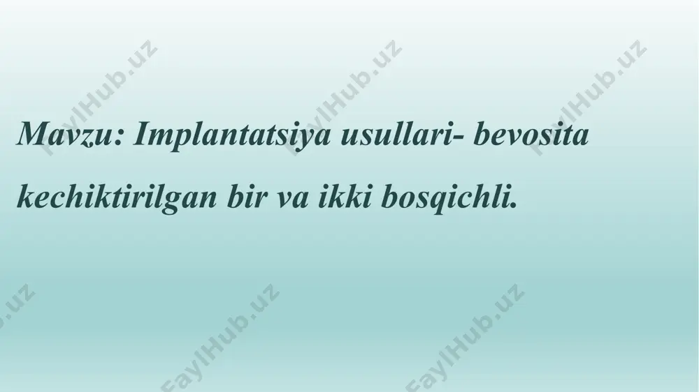 inchi jarayon bo'lib, protez joylashtiriladi. bu usul murakkab holatlar uchun mo'ljallangan. ikki bosqichli implantatsiyaning afzalliklari xavfsizlik: dastlabki jarayon ko'proq xavfsiz bo'lishi mumkin. mustahkamlanish: implantni joylashtirgandan so'ng, suyak va implant o'rtasida yaxshi bog'lanish jarayoni yuz beradi. tish olingandan soʻng qoʻyiladigan implantatsa usuli bu turdagi implant atsa usuli bir fazali deyiladi va implantning barcha qismlari oʻrnatiladi. buning uchun shilliq qavat oğriqsizlantrilib implantatning ildiz qismi oʻrnatilgan soha kesiladi zaglushka oʻrniga impglantning boshchasi oʻrnatiladi va shilliq qavat tikiladi ikki hafta muddatdan soʻng pratezlashni boshlash mumkin implant turlari endodonto-endoossal implantatsiya. bu implantlar to'g'ridan-to'g'ri jag' suyagiga joylashtiriladi. eng keng tarqalgan tur hisoblanadi. afzalliklari: tabiiy tishlarga o'xshash va ularga yaxshiroq integratsiyalashadi. mustahkamlik va uzluksizlikni ta'minlaydi. kamchiliklari: o'tkazish jarayoni murakkabroq va ko'proq vaqt talab qiladi. suyak to'qimalarining yetarli bo'lishi talab etiladi. subperiostal implantlar bu implantlar jag' suyagining ustida, periyosteal to'qimalar ostida joylashtiriladi. afzalliklari: suyakning kamligi bo'lgan bemorlar uchun yaxshi variant. jarayon tezroq amalga oshirilishi mumkin. kamchiliklari: tashqi ko'rinishi …