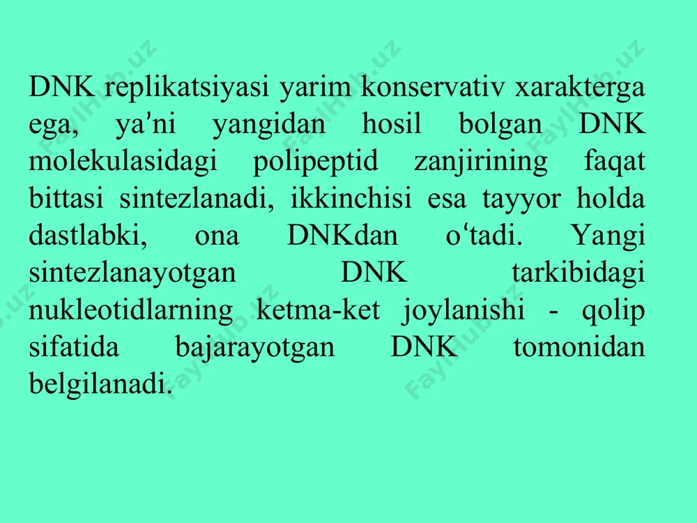 iyasi matritsani nukleotidlar orqali to‘ldirilishi bilan yakunlanadi. e.colining xromosomasidagi ikkita replikativ ayrilarda terminatsiyali qismlar borligi aniqlangan. ular taxminan 20 juft nukleotidlardan tashkil topib, shu qismlarni ter(terminus) deb ataladi. mazkur nuqtalarda replikatsiyali pufakchalar birlashadi. sintezlangan dnk zanjirlari ligaza fermentlari ishtirokida har qaysi matritsaga bog'lanib, dnk shakllanadi. xelikaza fermenti e. coli xromosomasi tarkibidagi replikatsiya termintorlari qarama-qarshi tomondagi dnk zanjirida kichik fragmentli (1000-2000 nukleotid qoldiqlari prokariotlarda va 100-200 nukleotid qoldiqlar eukariotlarda) nukleotidlar, ya’ni okazaki fragmentlari sintezlanadi. sintezlanayotgan dnk molekulasining to‘liq qismini yetakchi, ikkinchisi esa okazaki fragmentlaridan tashkil topgan zanjimi “orqada qoluvchi” deb ataiadi. replikatsiyalana-yotgan dnk molekulasining sxematik ko’rinishi halqali dnkning replikatsiyala-nish sxemasi cole1 plazmidining inisatsiyasi rnk i va rnk ii larning o’zaro ta’siri bakteriya xromosomasining replikatsiya sxemasi eukariotlarning dnk molekulasi replikatsiyasi eukariotlarda replikatsiya ayrisi pcna ning dnk molekulasiga >i matritsa praymerining dnk polimeraza α bilan o’zaro ta’siri dnk polimeraza va praymaza faolligining regulyatsiya modeli dnk-polimeraza δ va pcna ning matritsa praymeri bilan o’zaro …