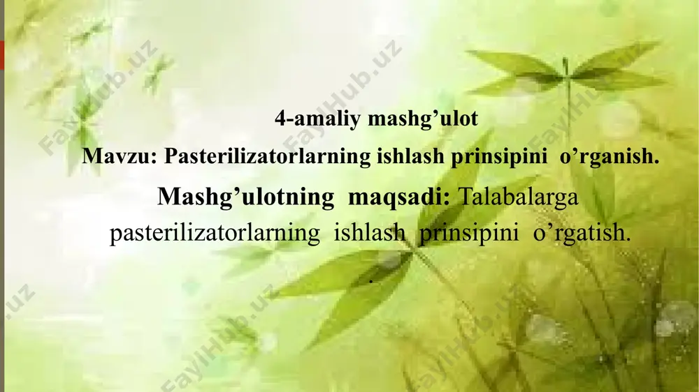 adi: a) keltirilayotgan sharbatni chiqib ketayotgan issiq shatbat bilan qisman isitilishi (regeneratsiya seksiyasi); b) sharbatni issiq suv yoki suv bug‘ bilan belgilangan haroratgacha qizdirilishi (sharbatni pasterizatsiyalash seksiyasi); v) isitilgan sharbatni belgilangan haroratda ushlab turishi (ushlab turish seksiyasi); g) chiqib ketayotgan sharbatni kirib kelayotgan sharbatga o‘z issiqligini uzatish (issiqlikni regeneratsiya qilish seksiyasi) ; d) sharbatni sovuq suv bilan sovutish (sovutish seksiyasi); e) sharbatni rassol bilan sovutish (rassol bilan sovutish). 2-rasm. pasterizatorlarning sxematik ko‘rinishi “alfa laval” (40 a-rasm) firmasining plastinkali pasterizatorlari plastinka va siquvchi plitalar joylashtirilgan staninadan iborat. gayka siqilishi bilan siqivchi plita va plastinka zich siqiladi natijada pasterizatsiya (1), ushlab turish (3), regeneratsiya (5) va sovitish (6) seksiyalari hosil bo'ladi. 3-rasm.“alfa-laval” firmasining plastinkali pastterizatori: 1- pasterizatsiya seksiyasi, 2 - sharbatni ushlab turish seksiyasi, 3-ushlab turish seksiyasi, 4 va 8 stanina tayanchi, 5-regeneratsiya seksiyasi, 6-sovutish seksiyasi, 7 va 11- yuqorigi va pastki biriktiruvchi shtangalar, 9 - siquvchi gaykalar, 10 - siquvchi plita, …