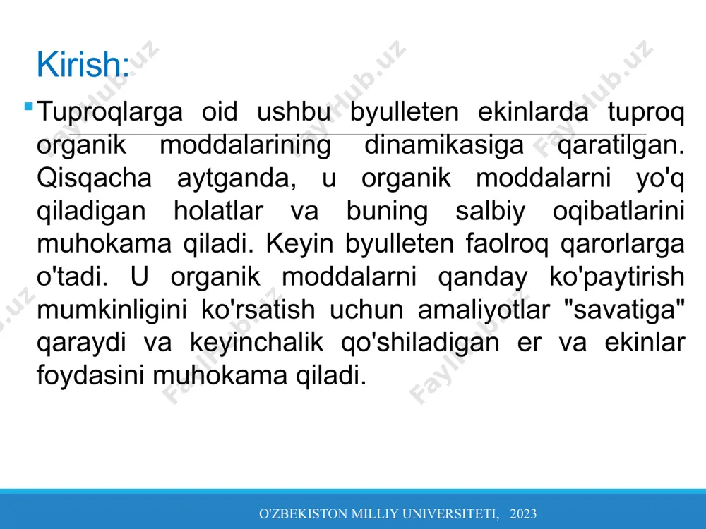 kibidagi azot, fosfor, oltingugurt va boshqa elementlar osonlik bilan minerallashadi va o‘simiklarning oziqlanish manbaiga aylanadi. ularning bir qismi tuproqda parchalanib, o‘ziga xos tabiatli organik moddalarga aylanishi va gumus hosil bo‘lishi uchun manba bo‘lib xizmat qilishini alohida ta’kidlash joiz. tuproqning organik qismi o'zbekiston milliy universiteti, 2023 o'zbekiston milliy universiteti, 2023 turli tuproq tiplaridagi gumus miqdori (a.v. peterburgskiy) tuproq tipi haydalma qatlamdagi gumus miqdori, % gumus zahirasi, t/ga 0-20sm 0-100sm chimli podzol 2-4 53 80-120 sur tusli podzollashgan o‘rmon tuproqlari 4-6 109 150-300 qora tuproqlar 4-12 137-192 300-800 kashtan tuproqlar 3-4 99 200-250 bo‘z tuproqlar 1-2 37 50 qizil tuproqlar 5-7 153 150-300 tuproqdagi gumusni aniqlashning bevosita usullari yo'q! uglerod yoki azotning tarkibi aniqlanadi, so'ngra gumusga aylantiriladi. gumusda taxminan 58% uglerod mavjud, shuning uchun ugleroddan gumusga aylanish koeffitsienti 1,724 ni tashkil qiladi. biroq, bu mutlaqo to'g'ri emas, shuning uchun ilmiy adabiyotlarda gumus tarkibi ko'pincha uglerod va azot miqdori shaklida taqdim etiladi. atamalar …