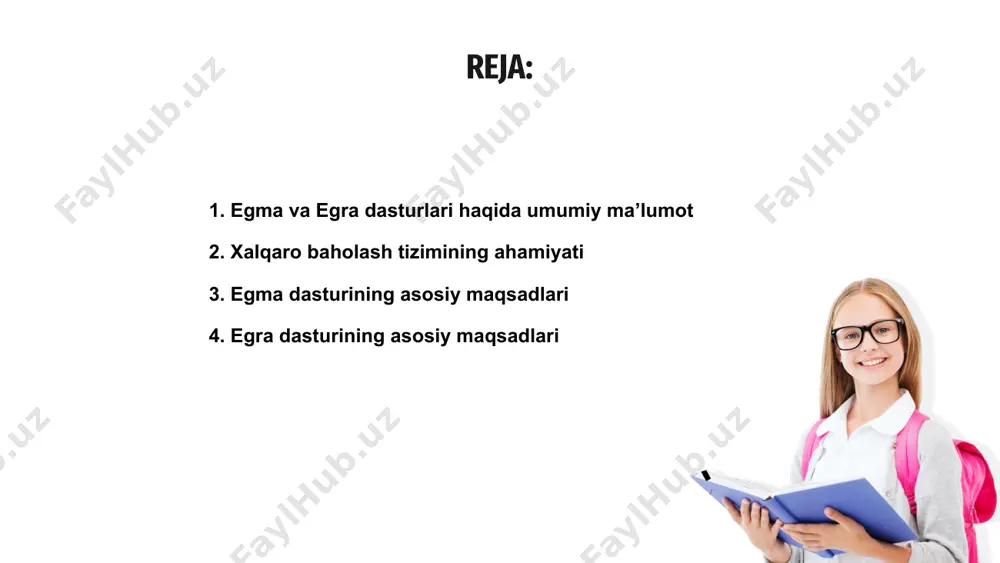 rini baholaydi. egra dasturining asosiy maqsadi – bolalarning savodxonligi darajasini o‘lchash va o‘rganish orqali ta'lim strategiyalarini rivojlantirishga zamin yaratishdir. 01 ushbu dastur orqali o‘qituvchilar, ota-onalar hamda mutasaddilar o‘quvchilarning o‘qish malakalarini baholab, ta'limni yanada yaxshilash choralarini ko‘rishadi. dasturlar mazmuni va qamrov sohasi egma va egra xalqaro baholash dasturlari o‘quvchilarning bilim darajasini aniqlash uchun mo‘ljallangan. ular keng ko‘lamli baholov usullarini o‘z ichiga oladi. bu dasturlar o‘quvchilarning funktsional savodxonligini, tanqidiy fikrlash va amaliy ko‘nikmalarini baholashga qaratilgan. mazmuni zamonaviy ta’lim standartlariga mos etib tuzilgan. qamrov sohasi matematika, o‘qish savodxonligi, ilmiy fanlar kabi asosiy yo‘nalishlarni o‘z ichiga oladi. davlat siyosatiga mos ravishda natijalar tahlil qilinadi. baholash natijalarining ta’lim tizimiga ta’siri egma va egra xalqaro baholash dasturlari o‘quvchilarning bilim va ko‘nikmalarini xalqaro standartlarga muvofiq baholashga xizmat qiluvchi muhim vositadir. bu dasturlar orqali ta’lim sifatiga ta’sir ko‘rsatish mumkin bo‘lib, o‘quvchilarning kuchli va zaif tomonlari aniq ko‘rsatib beriladi. natijalar asosida ta’lim siyosati va rejalashtirishda islohotlar qilinadi, bu esa …