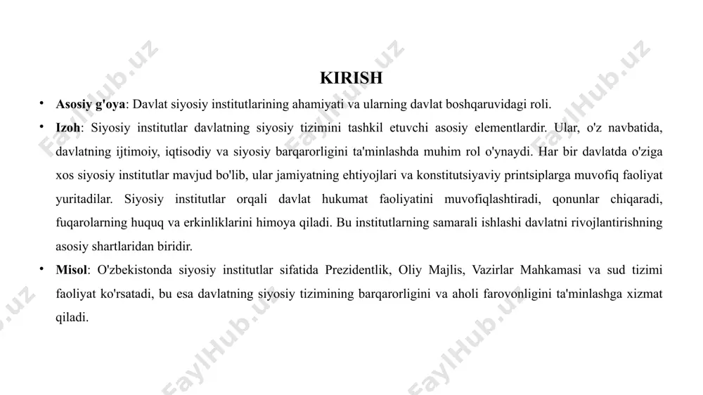 qa turi bo'lib, u davlatning adolatni ta'minlash va fuqarolarning huquqlarini himoya qilishda muhim rol o'ynaydi. partiyalar va siyosiy tashkilotlar - jamiyatdagi siyosiy manfaatlarni himoya qiluvchi tashkilotlar bo'lib, ular saylovlar orqali hukumatni shakllantirishga ta'sir ko'rsatadilar. bu institutlar birgalikda davlatning siyosiy tizimining samarali ishlashini ta'minlaydi. siyosiy institutlarning funksiyalari siyosiy institutlar jamiyatda bir nechta muhim funksiyalarni bajaradi: boshqaruv – davlatni tartibli ravishda boshqarish va qarorlar qabul qilish. qonunchilik – qonunlar ishlab chiqish va ularni hayotga tatbiq etish. tartib va barqarorlikni ta'minlash – ijtimoiy nizolarni hal qilish va xavfsizlikni saqlash. vakillik – xalq manfaatlarini ifodalash va himoya qilish. nazorat – hokimiyat vakolatlarini cheklash va qonuniylikni ta’minlash. bu funksiyalar siyosiy tizimning barqaror va adolatli ishlashini kafolatlaydi. siyosiy institutlar va hokimiyat tarmoqlari davlat hokimiyati uch asosiy tarmoqqa bo'linadi va har biri muayyan siyosiy institutlar orqali amalga oshiriladi: qonun chiqaruvchi hokimiyat – parlament yoki oliy majlis orqali qonunlar qabul qilinadi. ijro hokimiyati – prezident, bosh vazir va …