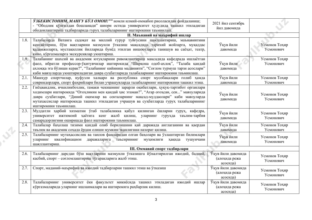 онлаштириш тадбирларида гуруҳ талабаларининг иштирокини таъминлаш. 2021 йил сентябрь-октябрь 2021 йил 4 сентябр 2021 йил сентябрь йил давомида усмонов тоҳир усмонович ii. маънавий ва маърифий ишлар 1.8. талабаларда ватанга садоқат ва миллий ғурур туйғусини шакллантириш, маънавиятини кенгайтириш, бўш вақтларини мазмунли ўтказиш мақсадида тарихий жойларга, муқаддас қадамжоларга, мустақиллик йилларида бунёд этилган иншоотларга танишув ва саёҳат, театр, кино, кўргазмаларга экскурсиялар уюштириш. ўқув йили давомида усмонов тоҳир усмонович 1.9. талабанинг шахсий ва академик ютуқларини ривожлантириш мақсадида кафедрада ишлаётган фаол, ибратли профессор-ўқитувчилар иштирокида “шарқона одоб-ахлоқ”, “талаба қандай ахлоққа эга бўлиши керак?”, “талабанинг кийиниш маданияти”, “соғлом турмуш тарзи асослари” каби мавзуларда уюштириладиган давра суҳбатларида талабаларнинг иштирокини таъминлаш. ўқув йили давомида усмонов тоҳир усмонович 2.1. машҳур спортчилар, нуфузли халқаро ва республика спорт мусобақалари ғолиб ҳамда совриндорлари, спорт фахрийлари билан учрашувларда талабаларнинг иштирокини ташкил этиш. ўқув йили давомида усмонов тоҳир усмонович 2.2. гиёҳвандлик, ичкиликбозлик, тамаки чекишнинг зарарли оқибатлари, ҳуқуқ-тартибот органлари ходимлари иштирокида “огоҳликни мен қандай ҳис этаман?”, …