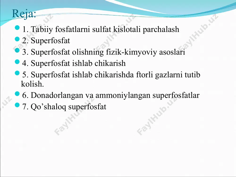 o  н2sif6 + sio2·пн2o sif4 ning bir qismi gazli fazaga o’tadi, qolgan qismi esa eritmada qoladigan geksaftorsilikat kislotaga aylanadi: sif4 + 2нf = н2sif6 to’g’ri kamerali aralashtirgich 1— kameralar; 2 — aralashtirgichlar; 3 — suepenziyani chiqarish; 4 — kiritish tirqichi; 5 - qopqoq; 6 - chuyanli shiber ; 7 - shiberni ko’tarib tushirish uchun tros uzchluksiz ishlaydigan suferfosfat kamerasi. 1 — kameranpng silindrik korpusi; 2 — markaziy quvur; 3 — elektromotor; 4 — reduktor; 5 — kamera qopqog’i; 6 — to’siq; 7 —frezer; 8 — suspenziya tushish tirqishi; 9 — ekssentrik. fosforit uni va buglatilmagan ekstraksiya fosfor kislotasidan kushalok superfosfat olish okimli sxemasi 1-fosforit uchun bunker; 2 - me'yorlashtirgich; 3-aralashtirgich;4-fosfor kislotani me'yorlashtirgich; 5-reaktorlar; 6-nasoslar; 7- donadorlashtirgich -kuritgich bdk; 8-utxona; 9,14-siklon (chang tutgich); 10-elevatorlar; ii-elak; 12-tegirmon; 13-ammoniylashtirgich. ammoniylashtirish. н3рo4+ 2nh3 = (nh4)2hpo4 (nh4)2hpo4+саso4= санрo4 + (nн4)2so4 monokalsiyfosfat ham dikalsiyfosfatga aylanadi: са(н2рo4)2·н2o+саso4+2nh3=2санрo4 + (nн4)2so4 + н2o (nh4)2hpo4- ammofos tarkibida 52% p2o5, …