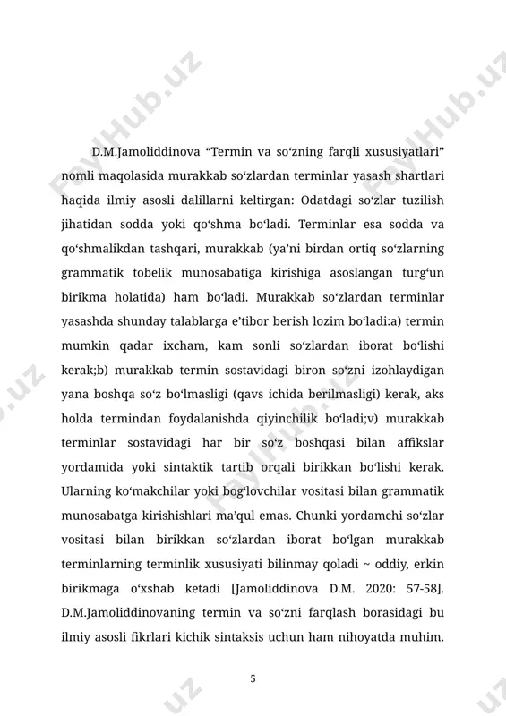 ngan turg‘un birikma holatida) ham bo‘ladi. murakkab so‘zlardan terminlar yasashda shunday talablarga e’tibor berish lozim bo‘ladi:a) termin mumkin qadar ixcham, kam sonli so‘zlardan iborat bo‘lishi kerak;b) murakkab termin sostavidagi biron so‘zni izohlaydigan yana boshqa so‘z bo‘lmasligi (qavs ichida berilmasligi) kerak, aks holda termindan foydalanishda qiyinchilik bo‘ladi;v) murakkab terminlar sostavidagi har bir so‘z boshqasi bilan affikslar yordamida yoki sintaktik tartib orqali birikkan bo‘lishi kerak. ularning ko‘makchilar yoki bog‘lovchilar vositasi bilan grammatik munosabatga kirishishlari ma’qul emas. chunki yordamchi so‘zlar vositasi bilan birikkan so‘zlardan iborat bo‘lgan murakkab terminlarning terminlik xususiyati bilinmay qoladi ~ oddiy, erkin birikmaga o‘xshab ketadi [jamoliddinova d.m. 2020: 57-58]. d.m.jamoliddinovaning termin va so‘zni farqlash borasidagi bu ilmiy asosli fikrlari kichik sintaksis uchun ham nihoyatda muhim. murakkab terminlar sanalgan bu xususiyatlari bilan ham turg‘un birikmalarga yaqinlashadi. deyarli bir yarim asr oldin i.i.sreznevskiy “ifodalardan so‘zlarning hosil bo‘lishi haqida eslatmalar” (sreznevskiy 1873) maqolasini e’lon qildi, unda u birinchi marta so‘z birikmalaridan murakkab so‘zlarning …