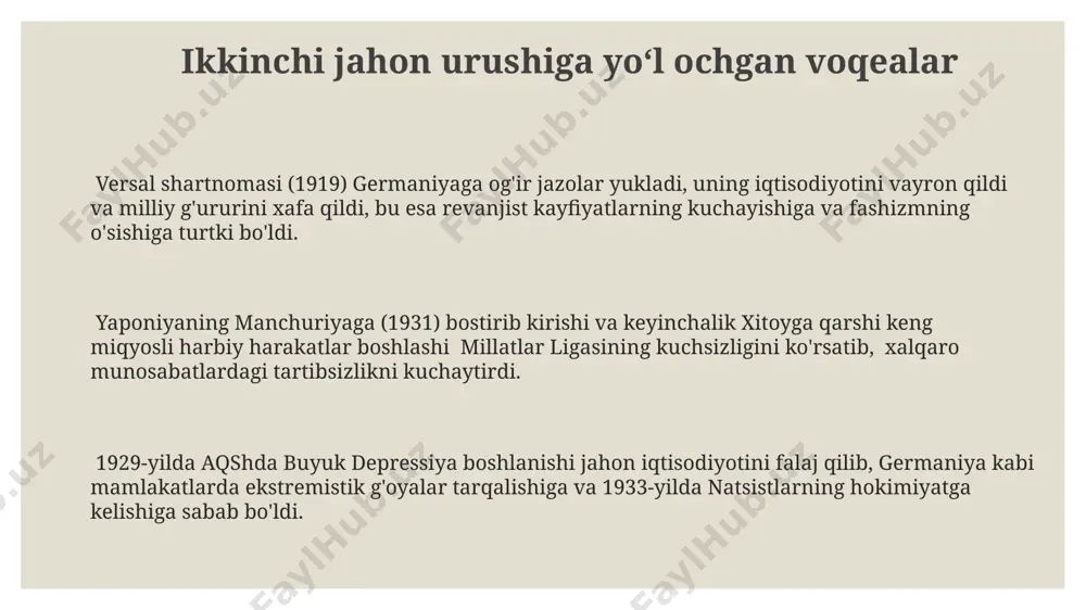 yalari, ayniqsa italiyaning mussolinisi va germaniyaning gitleri kabi diktatorlar tomonidan qoʻllab-quvvatlanib, evropada bir qator mamlakatlarda milliy birlik va oʻz hukmronligini mustahkamlash uchun ishlatilgan. ikkinchi jahon urushi arafasida germaniyada gitler boshchiligidagi natsistlar partiyasi 1933 yilda hokimiyatni qoʻlga kiritdi va 1939 yilda polshaga bostirib kirishi bilan ikkinchi jahon urushi boshlandi. fan va texnologiyalarning taraqqiyoti aviatsiya sohasida, 1920 va 1930-yillarda transatlantik parvozlar soni sezilarli darajada oshdi, qoʻshma shtatlar va buyuk britaniya oʻrtasidagi aviatsiya aloqalari 50% ga oʻsdi, bu xalqaro hamkorlikning yangi bosqichi edi. 1930-yillardagi buyuk depressiya davrida, evropada radio texnologiyalari rivojlandi, millionlab odamlar yangiliklarni va ommaviy axborot vositalarini radio orqali qabul qilishni boshladilar. masalan, germaniya radioeshittirishlarida propaganda keng tarqaldi. ikkinchi jahon urushi oraligʻida qoʻshma shtatlarda 1920-yillarda avtomobil sanoati 10 million dona avtomobil ishlab chiqarish bilan katta taraqqiyotga erishdi, bu esa detroit shahrining gullab-yashnashiga sabab boʻldi. qurolanish poygasi va harbiy tayyorgarlik frantsiya va buyuk britaniya 1930-yillar davomida harbiy xarajatlarini oshirishga harakat qilishgan bo'lsalar-da, ular …