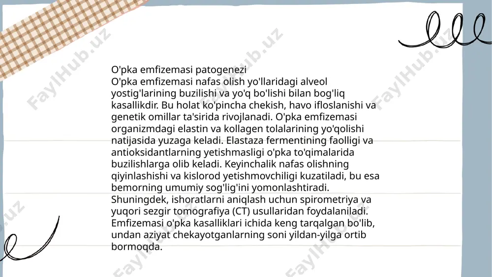 blarga ko'ra, nafas olish buzilishlari o'z vaqtida aniqlanib, tegishli davolash choralari ko'rilishi muhimdir. ... t.me/slaydai_bot 7. eshittirish va tomografik tashxis **eshitish va tomografik tashxis** eshitish kasalliklari turli xil sabablarga ko'ra paydo bo'lishi mumkin, jumladan genetik omillar, infeksiyalar, jarohatlar va charchoq. eshitishning zararlanishi miqyosi audiometriya orqali o'lchanadi va tonkilik audiometriyasi eng keng tarqalgan usullaridan biridir. magnit-rezonans tomografiya (mrt) va kompyuter tomografiyasi (kt) tez-tez ishlatiladi. mrt bosh miya va ichki quloqni yuqori aniqlikda ko'rsatadi va eshitish nervining ahvolini o'rganadi. kt suyak strukturalarini tahlil qilishda foydali. har yili dunyo bo'ylab milliardlab odamlar eshitish bilan bog'liq muammolarga duch kelishadi. 2018-yilda yunisef ma'lumotiga ko'ra, eshitish qobiliyatining susayishi dunyoda 466 million odamga ta'sir qiladi, yoki global aholi28 foizi. shu bilan birga, 2050-yilga kelib bu ko'rsatkich 900 millionga yetishi kutilmoqda. eshitish va tomografik tashxis - bu muammo yetilayotgan joyda aniq va samarali kurash imkonini beradi. image1.png image2.png image3.png image4.jpg image5.png image6.jpg image7.jpg /docprops/thumbnail.jpeg