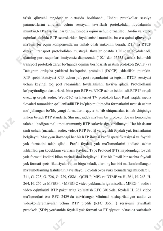 sport protokoli zarur bo’lganda oqimni boshqarish uzatish protokoli (sctp) va datagram ortiqcha yuklarni boshqarish protokoli (dccp) ishlatilishi mumkin. rtp spetsifikatsiyasi rtp uchun juft port raqamlarini va tegishli rtcp sessiyasi uchun keyingi toq port raqamidan foydalanishni tavsiya qiladi. protokollarni ko’paytiradigan dasturlarda bitta port rtp va rtcp uchun ishlatiladi.rtp ip orqali ovoz, ip orqali audio, webrtc va internet tv protokoli kabi real vaqtda media ilovalari tomonidan qo’llaniladirtp ko’plab multimedia formatlarini uzatish uchun mo’ljallangan bo’lib, yangi formatlarni qayta ko’rib chiqmasdan ishlab chiqishga imkon beradi rtp standarti. shu maqsadda ma’lum bir protokol ilovasi tomonidan talab qilinadigan ma’lumotlar umumiy rtp sarlavhasiga kiritilmaydi. har bir dastur sinfi uchun (masalan, audio, video) rtp profil va tegishli foydali yuk formatlarini belgilaydi. muayyan ilovadagi har bir rtp ilovasi profil spetsifikatsiyasi va foydali yuk formatini talab qiladi. profil foydali yuk ma’lumotlarini kodlash uchun ishlatiladigan kodeklarni va ularni payload type protocol (pt) maydonidagi foydali yuk formati kodlari bilan xaritalashni belgilaydi. har …