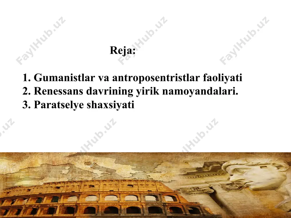 ma taraqqiyoti ideali shakllana boshladi. shuning uchun ham bu davr mutafakkirlari insonshunoslar-gumanistlar deb atalgan. gumanistlar yangi dunyo qiyofasini yaratishda antik davr merosiga murojaat qilganlar. oʻrta asrlar yevropa gumanist mutafakkirlari qadimgi qoʻlyozma manbalari, sanʻat yodgorliklarini toʻplab, ularni har tomonlama chuqur oʻrganib, antik merosning yangidan tiklanishi va tarqalishiga ulkan hissa qoʻshdilar. oʻzbek tiliga keng maʻnodagi gumanizm tushunchasi “insonparvarlik” deb oʻgirilgan. keyinchalik fanga “antik davr gumanizmi”, “sharq gumanizmi” “xristian gumanizmi”, “islom gumanizmi” kabi tushunchalar kirib kelgan. gumanizm bugungi kunda maʻnaviyat talablari va tamoyillarini amalga oshirish usuli va vositasi sifatida xizmat qilib kelmoqda. oʻrta asrlardagi gumanizm rivojini quyidagi bosqichlarga ajratish mumkin: 1) ilk gumanizm – xiv asrning 30-90-yillari; 2) gumanizmning yuksalish davri – xiv asrning birinchi yarmi; 3) bevosita gumanistik talqindagi neoplatonizmning tarkib topishi – xv asrning ikkinchi yarmidan xvi asr boshlarigacha; 4) gumanizm gʻoyalari mazmunidan chekinishlar va gumanizm harakatining soʻnish davri – xvi asrning ikkinchi yarmi. desiderius erasmus yoki rotterdamlik erasmus (haqiqiy ismi …