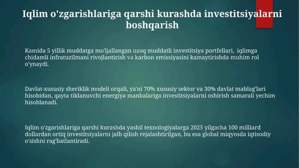 ratadi va yangi ish o'rinlarini ta'minlaydi. davlat tomonidan qo'llab-quvvatlash va subsidiyalar yashil texnologiyalarni rivojlantirishga yo'naltirilgan davlat investitsiyalari hajmi 2025 yilga kelib umumiy byudjetning 2%ini tashkil etish maqsad qilingan, bu esa innovatsiyalarni qo'llab-quvvatlashni ko'rsatadi. davlat tomonidan beriladigan grantlar va subsidiyalar yillik 5% o'sish sur'atlarida 2030-yilga kelib 10 milliard aqsh dollariga yetishi prognoz qilinmoqda, bu esa yashil energiya loyihalarini moliyalashtirishda muhim rol o'ynaydi. kamida 30% davlat xaridlarini energiya samaradorligi yuqori bo'lgan mahsulotlar va xizmatlarga yo'naltirish bo'yicha dasturlar, yashil iqtisodiyotga o'tishni tezlashtirishga yordam beradi. e'tiboringiz uchun rahmat @taqdimot_robot image1.png image2.png image3.png image4.png image5.png image6.png image7.png image8.png image9.png image10.png