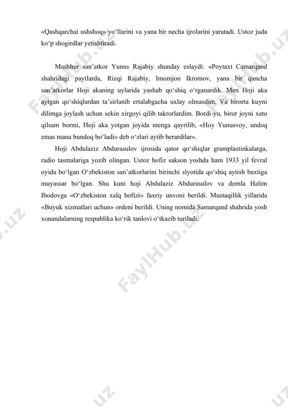 amov, xoji abdulaziz rasulov, komiljon otaniyozov – o’zbekiston xalq hofizlari, zabardast bastakorlar, mumtoz musiqa ijrochiligida o’ziga xos ijrochilik maktabini yaratishga erishganlar, musiqa merosimiz xazinasini 500 dan ortiq mumtoz uslubdagi ashulalar bilan boyitgan asrimizning ustoz san’atkorlaridandir. malumki, o’zbek mumtoz musiqa san’ati o’tmish xonandayu sozanda va bastakorlarning ijodiy mahsuli. xx asrda ana shunday sharafli ijodiyotni bir qator ustoz san’atkorlar davom ettirganlar. jumladan, k.jabborov, j.sultonov, f.sodiqov, t.jalilov, n.hasanov, i.ikromov, g’.toshmatov, m.murtazoyev, yu.rajabiy, f.mamadaliyev, m.muhamedov, o.hotamov kabi davrimiz san’atkorlarining nomlarini sharaf bilan xalqimiz dilidan va musiqa merosimiz tarkibidan munosib joy olishga erishgan davrimizning ustoz bastakorlaridirlar. ularning bizga qoldirgan musiqiy merosi biz uchun har tomonlama qadrli va kelajak avlod uchun namunadir. uzoq o’tmishdan milliy urf-odatlarimiz, qadriyatlarimiz, ruhiyatimiz asosida shakllangan ma’naviyatimizni munosib zamonaviy davomchilari desak adashmagan bo’lamiz. zamondosh bastkorlarimiz, avvalo bilimdon, milliy meros ilmidan xabardor bo’lganlar. shu bois ular tomonidan yaratilgan asarlar har tomonlama mukammal va xalqimiz ruhiyatini inikos etuvchi milliy ohanglar majmuidan tashkil topgan. bastakorlarimizning …