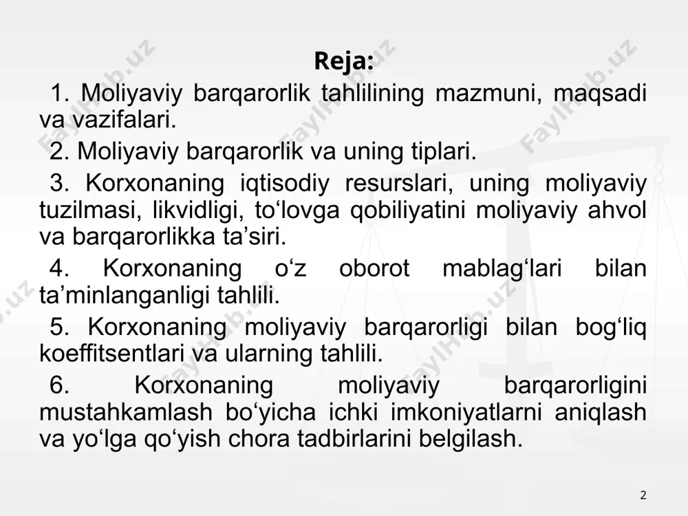 alashtirish koeffitsentlari 6 ko’rsatkichlar aniqlanishi zaxira va xarajatlarning moliyalashtirish holati (+,-) o’z aylanma mablag’larining naqdligi (o’amn). o’mm-uma o’amn-zx o’z mablag’lari va uzoq muddatli qarz mablag’larining naqdligi (o’ummn). o’mm + umm - uma o’ummn-zx jami mablag’larning naqdligi (jmn). o’mm + umm – uma + qmm jmn-zx zaxira va xarajatlarni manbalash yuzasidan mablag’lar naqdligini va moliyalashtirish darajasini hisob-kitobi 7 zaxira va xarajatlarning tegishli mablag’lar hisobiga moliyalashtirish manbaalari o’amn>zx o’amn zx (o’amn+umm)>zx (o’amn+umm) zx jm>zx jm>zx jm<zx 1.mutlaq moliyaviy barqaror holat 2.normal (mo’tadil) moliyaviy barqaror holat 3.nobarqaror holat 4.tang (inqiroz) holatdagi nobarqarorlik moliyaviy barqarorlikning mutlaq ifodalari bo’yicha tarkiblanish shartlari 8 3. korxonaning iqtisodiy resurslari, uning moliyaviy tuzilmasi, likvidligi, to‘lovga qobiliyatini moliyaviy ahvol va barqarorlikka ta’siri. to’lov mablag’lari to’lov majburiyatlari mutlaq to’lovga qobillik nisbiy to’lovga qobillik 1 2 3 4 balans likvidligi a1-doimiy xarakatdagi aktivlar p1-to’lov muddati kelgan majburiyatlar a1-p1 a1/p1 a2-tez pulga aylanadigan aktivlar p2-qisqa muddatli majburiyatlar a2-p2 a2/p2 a3-sekin pulga aylanadigan aktivlar …