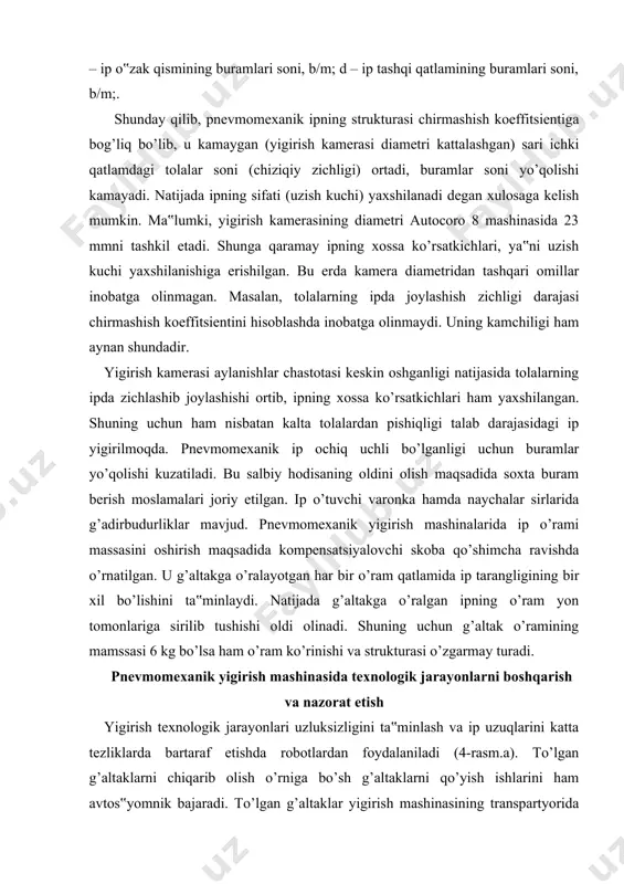 tiradi. shuningdek boshqaruv panelida, kompyuterda mashina ishining natijalarini hamda parametrlarini nazorat qiladi. foydalanilgan adabiyotlar: 1. g’afurov j.q., yigirish texnologik jarayonlarining xususiyatlarini inobatga olib ipning mexanik ko’rsatkichlarini prognoz qilish va baholash, doktorlik dissertatsiyasi avtoreferati, toshkent-2016. 2. pirmatov a.p.va boshqalar, yigirish texnologiyasi, leksiyalar matni, ttesi, 2015y. 3. hwanki lee, yigirish jarayonlari sifat nazorati va to’qimadagi nuqsonlarning oldini olish, thinkbook company, seoul, korea, 2015 4. www.rieter.com, r35 va r60 mashinalari pasportlari; 4. autocoro-8 mashinalari pasportlari. a