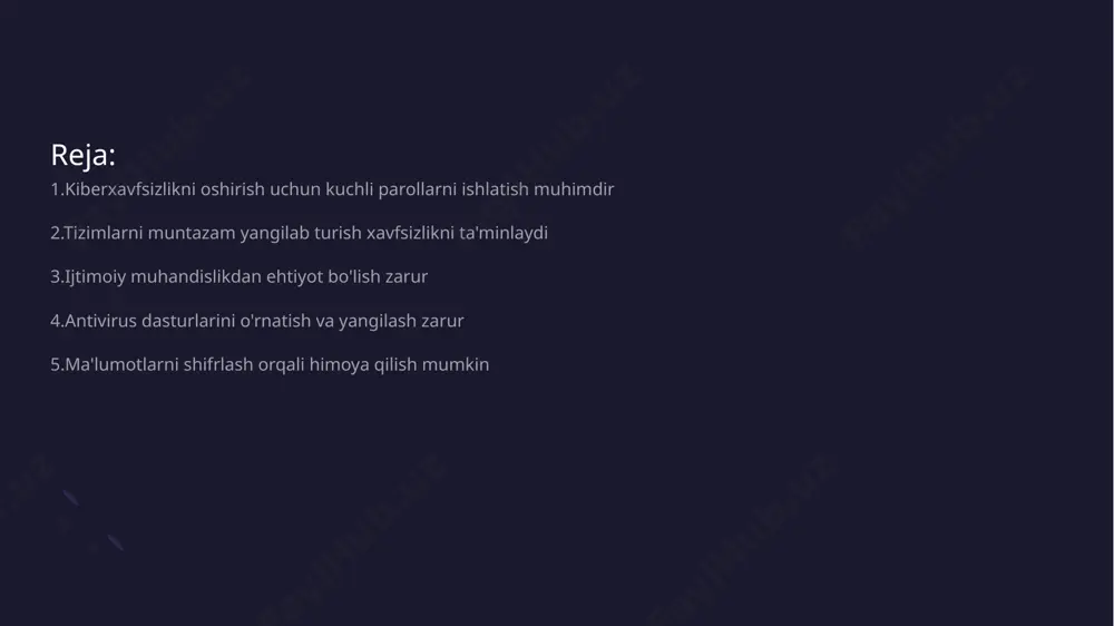 diqqatli bo'lish kerak antivirus dasturlarini o'rnatish va yangilash zarur • antivirus dasturining ahamiyati - antivirus dasturlari kompyuter va mobil qurilmalarni zararli dasturlardan himoya qilish uchun muhimdir • yangilanishlar - antivirus dasturlari muntazam ravishda yangilanadi bu esa yangi tahdidlarga qarshi kurashish imkonini beradi ma'lumotlarni shifrlash orqali himoya qilish mumkin • shifrlashning maqsadi - shifrlash ma'lumotlarni noxush ko'rinishdan himoya qilishga yordam beradi • asosiy usullar - simmetrik va asimmetrik shifrlash usullari keng tarqalgan usullardir • ma'lumot xavfsizligi - shifrlash orqali ma'lumotlarning xavfsizligi va maxfiyligini ta'minlash mumkin • amaliyotlar va qo'llanishlar - internetda shifrlash moliyaviy ma'lumotlar va shaxsiy ma'lumotlar uchun qo'llaniladi xavfsizlik devorlarini o'rnatish tarmoq himoyasini kuchaytiradi • tarmoq himoyasi - xavfsizlik devorlari tarmoqda ma'lumotlarni o'g'irlash yoki zararli dasturlardan himoya qiladi • traffic monitoring - ular tarmoq orqali o'tayotgan ma'lumotlarni kuzatadi va tahlil qiladi xavfsizlik protokollariga amal qilish muhim ahamiyatga ega • xavfsizlik muhimligi - xavfsizlik protokollari tashkilotning ma'lumotlarini himoya qilishda muhim rol …