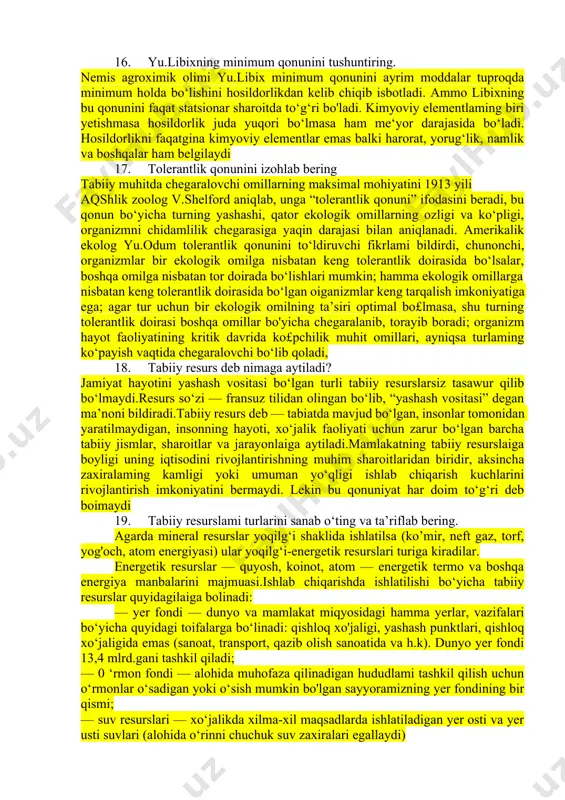 rish, ya’ni ularda ekologik muammolarga muhim ijtimoiy-siyosiy ish sifatida qarashni tarbiyalashdir. 12. inson tabiat o‘zaro munosabatlaming evolyutsiyasi haqida qisqacha tushuncha bering. pa.baranov, i.a.raykovalar pomir toglarida cho‘l biosenozining kelib chiqishi, dinamikasi va evolyutsiyasida organizmlaming hayotida noqulay haroratning roli, madaniy biosenozlami yuqori tog‘ sharoitida yaratish masalalari ishlab chiqildi. r.l.abolin, e.p.korovin, m.v.kultiasov va ij.granitovlaming ekologik va fitotsenologik qarashlari ulaming chop etgan bir qator ishlarida o‘z aksini topgan.0‘rta osiyoda zooekologik yo‘nalishdagi kompleks ishlarning rivojlanishi t.z.zohidov nomi bilan chambarchas bog‘liq. u qizilqum cho‘llarining o‘ziga xos hayot makoni ekanligini, qumli, sho'rxok, loyli va toshloq cho'llarni mustaqil biotoplarsifatida tavsiflab, ulami o‘z navbatida mayda hududiy birliklariga ajratib beradi. 13. fan-texnika inqilobi jamiyat va tabiatning o‘zaro munosabatiga ta’siri qanday namoyon bo‘ladi? masalan, yaponiya, janubiy koreya, tayland va boshqalar. bu mamlakatlarda ishchilar, muhandislar va texnik xodimlaming yuqori malakaga egaligi, fan-texnika tarraqqiyoti uchun yaratilgan sharoitlar sanoatni rivojlatirishda eng muhim omillardan biri deb hisoblanadi.tabiiy resurslar klassifikatsiyasi uchta belgi asosida qabul qillingan: paydo …