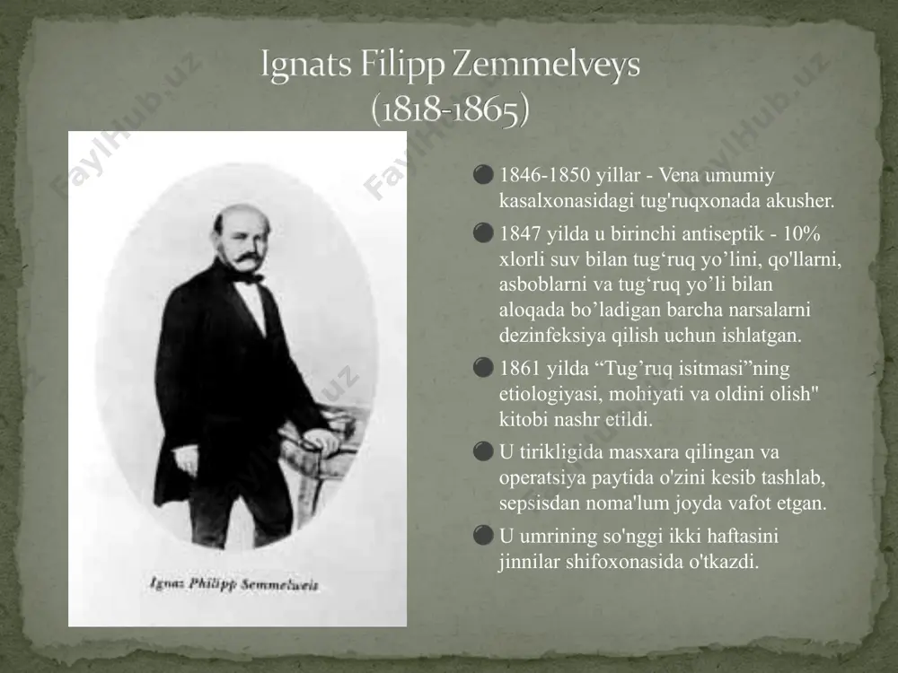 2 soat davomida yoqiladi. 4. umumiy - haftada bir marta amalga oshiriladi, operatsiyalar tozalash kunida rejalashtirilmaydi: pollar, derazalar, devorlar, shiftlar, asbob-uskunalar, asboblar, anesteziya uskunalari qayta ishlanadi; operatsiya xonalari ventilyatsiya qilinadi va bakteritsid lampalar yoqiladi. operatsiya xonalari nam usulda tozalanadi (1% xloramin b, 3% vodorod periks 0,5% yuvuvchi vosita eritmasi bilan, 0,2% dezokson - 1, 2% dixlor - 1 va boshqalar). sterilizatsiya (sterillis - lot. bepusht, zararsizlantirish, sterilizatsiya) - moddalar va atrof- muhit ob'ektlarini to'liq mikroorganizmlardan xoli qilish uchun qo’llaniladigan fizik- kimyoviy usullar majmui hisoblanadi. havo kimyoviy gaz radiatsiya bevosita biologik nazorat eng ishonchli hisoblanadi. sterilizatsiyalangan materialdan namunalar oling va ozuqaviy muhitga eking. usulning kamchiligi shundan iboratki, javob faqat 48 soat va undan ko'proq vaqt o'tgandan keyin olinadi va material 48-72 soat davomida biksda avtoklavlangandan so'ng steril hisoblanadi.steriliyani bakteriologik nazorati kamida oyiga bir marta amalga oshiriladi. bilvosita fizikaviy (ko'rsatkichlar ampulalarda muhrlangan, har bir moddaning o'z erish nuqtasi bor) kimyoviy (is-120 termal …
