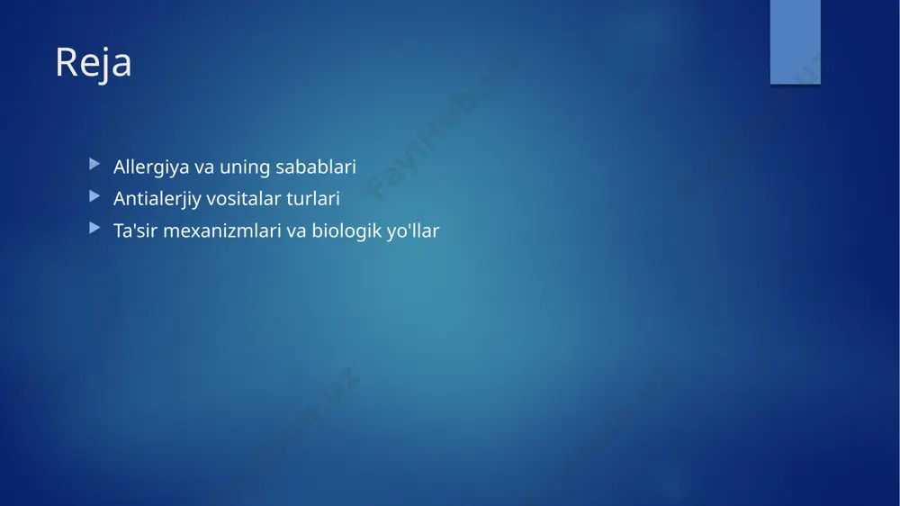 araf etishda keng qo'llaniladi. ular histaminning ta'sirini bloklayib, allergik simptomlarni kamaytiradi. 2 kortikosteroidlar kortikosteroidlar immun tizimining faolligini pasaytiradi va yallig'lanishni nazorat qiladi. ular og'ir allergik holatlarda samarali hisoblanadi. 3 biologik dori vositalari biologik dori vositalari allergiyaga qarshi yangi yondashuvni taklif etadi. ular immun tizimini maqsadli ravishda modifikatsiya qilib, allergik reaktsiyalarni kamaytiradi. antihistaminlar: ta'rifi, ishlatilishi va samaradorligi. 1 antihistaminlar haqida antihistaminlar – allergik reaktsiyalarni kamaytirish uchun ishlatiladigan dori vositalari bo'lib, histamin ta'sirini blokirovka qiladi va simptomlarni yengillashtiradi. 2 qo'llanilishi antihistaminlar asosan allergik rinokonyuktivit, astma va dermatit kabi kasalliklarda qo'llaniladi. ular simptomlarni tez va samarali ravishda bartaraf etadi. 3 samaradorligi antihistaminlar allergik reaktsiyalarni kamaytirishdagi yuqori samaradorligi bilan tanilgan. ularning ta'siri odatda bir necha soat davom etadi va bemorlarni qulaylashtiradi. kortikosteroidlar: allergik reaktsiyalarni nazorat qilishdagi o'rni. 1 kortikosteroidlar ta'rifi kortikosteroidlar, adrenal bezlar tomonidan ishlab chiqariladigan gormonlar bo'lib, organizmning stressga, allergiyalarga va yallig'lanishlarga javobini boshqaradi. 2 allergik reaktsiyalarni nazorat qilish kortikosteroidlar allergik reaktsiyalarni kamaytirish …