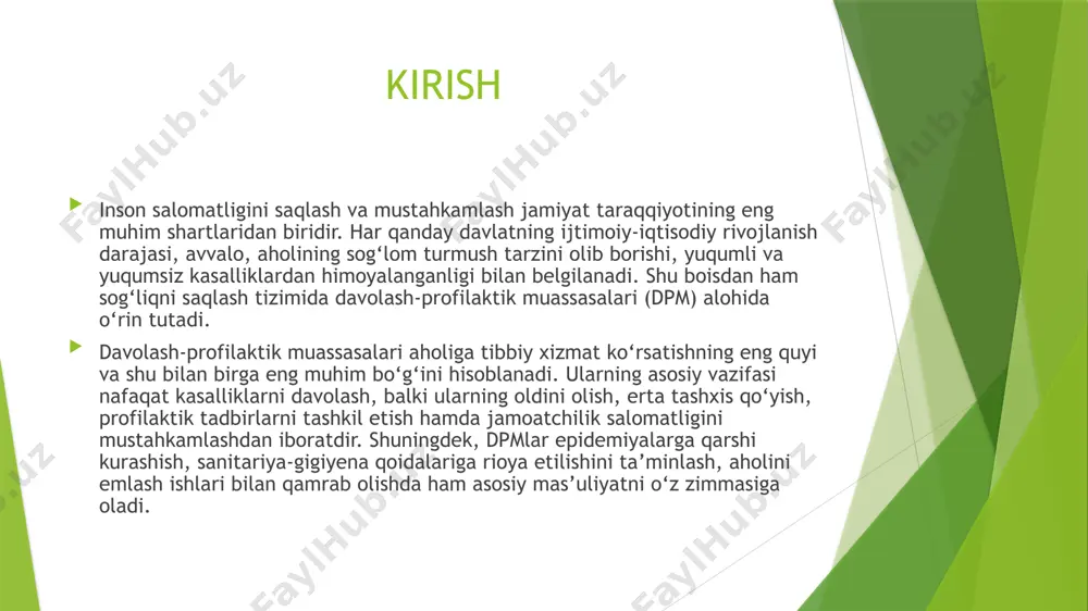 ng hayotiga zomin bo‘lgan. bugungi globallashuv davrida esa transport vositalarining kengayishi, migratsiya jarayonlari va ekologik muammolar sababli yuqumli kasalliklarning tarqalish xavfi yanada ortmoqda. shu bois zamonaviy tibbiyot yuqumli kasalliklarga qarshi kurashishda an’anaviy choralar bilan bir qatorda innovatsion yondashuvlardan ham foydalanmoqda. erta tashxis qo‘yish va tezkor aniqlash texnologiyalari molekulyar biologiya, pcr (polimeraz zanjir reaksiyasi) usuli, ekspress-testlar yordamida kasallikni dastlabki bosqichda aniqlash imkoniyati paydo bo‘lmoqda. raqamli tibbiyot va sun’iy intellekt yordamida katta hajmdagi ma’lumotlarni tahlil qilish va epidemiologik vaziyatni oldindan prognoz qilish amaliyoti kengaymoqda. vaksinatsiya va immunoprofilaktika zamonaviy vaksina ishlab chiqishda mrna texnologiyalari (pfizer, moderna vaksinalari misolida) yuqori samaradorlik ko‘rsatdi. kombinatsiyalashgan vaksinalar yordamida bir nechta kasalliklarga qarshi bir vaqtning o‘zida immunitet shakllantirilmoqda. revaksinatsiya va qo‘shimcha emlash kampaniyalari global miqyosda keng tatbiq etilmoqda. antiviral va antibakterial terapiyaning yangi usullari viruslarga qarshi to‘g‘ridan-to‘g‘ri ta’sir etuvchi dori vositalari (masalan, covid-19 uchun molnupiravir, paxlovid) klinik amaliyotda qo‘llanilmoqda. antibakterial terapiyada antibiotiklarga rezistent shtammlarga qarshi yangi molekulalar ishlab …