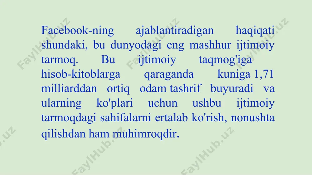 ke" tugmasini bosishadi; u har xil mavzu uchun oyiga 25 ta sharh yozadi va kamida 25 ta guruh a'zosi; oyiga ikkita yangi sahifaning muxlisiga aylanadi. oyiga uchta tadbirga taklif etiladi. facebook o'yinlari va ilovalari facebook - bu oddiy aloqa bilan bir qatorda, foydalanuvchilarga oddiy va qiziqarli kompyuter o'yinlari bilan shug'ullanishni taklif qiladigan ijtimoiy tarmoq. eng mashhur o'yin farmville (ferma simulyatori) bo'lib, uning mashhurligi eng yuqori cho'qqisiga kuniga 30 million foydalanuvchini jalb qiladi, bu farmville o'yinchilari soni bo'yicha haqiqiy fermerlar sonidan 60 dan 1 gacha bo'lgan haqiqiy fermerlar sonidan oshib ketdi. facebook uchun ilovalar va o'yinlarni 800.000 dasturchilar yaratadilar. e`tiboringiz uchun rahmat !!! image1.jpeg image2.jpeg