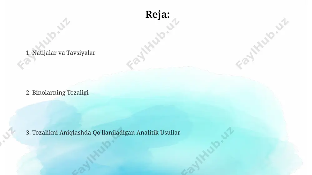 atoriyalarda keng qo'llaniladi. tozalik darajasini aniqlashda mikrobial sonini aniqlash uchun standart petri dish usuli qo'llaniladi. 1 sm² sirtdan olingan namunada 100 dan ortiq koloniya hosil bo'lsa, tozalik me'yoridan chetlashuv kuzatiladi, masalan, o'zbekiston standartlari bo'yicha. tozalik standartlari va me'yorlar тозалик стандартлари ва меъёрларига кўра, ўзбекистондаги озиқ-овқат саноати корхоналаридаги санитария-гигиена талабларига жавоб бериш учун 10 дан ортиқ параметрлар назорат қилинади, буларнинг 5 таси микробиология кўрсаткичлари билан боғлиқ. самарқанд вилоятидаги 5 та тадқиқот марказидаги маълумотларга кўра, тозалик даражасини аниқлашда atp биолюминисценция усулидан фойдаланиш 95% самарадорликка эга эканлиги аниқланган. тошкент шаҳридаги лабораторияларда ўтказилган 2022 йилги текширувлар натижаларига кўра, 30% корхоналарда тозалик стандартларига риоя қилинмаганлиги аниқланди, бу эса 200 дан ортиқ жарима солинишига олиб келди. kimyoviy tahlillar o'zbekistonning qishloq xo'jalik hududlarida tuproq namunasini tahlil qilishda, 5 dan ortiq og'ir metallarning miqdorini aniqlash uchun atom-absorbtsion spektrofotometriya usuli samarqand viloyatida keng qo'llaniladi. kimyoviy tahlillarning aniqligi va ishonchliligi, 95% ishonch darajasida, namangan shahridagi sertifikatlangan laboratoriyalar tomonidan o'tkazilgan 30 …