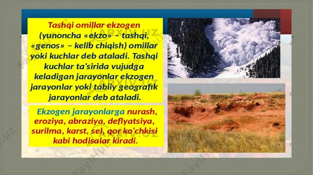 in si qatlamlari va ular bilan bog’li bo’lgan foydali qazilma konlarin; hosil bo’lishiga sababchi bo’ladi. foydalanilgan adabiyotlar 1. islomov o.i. “umumiy geologiya” «o’qituvchi» 1991 yil. 2. shoraxmedov sh.sh. “umumiy va tarixiy geologiya” «o’qituvchi» 1989 yil. 3. qurbonov a.s. “geologiya” «o’qituvchi» 1991 yil. 4. qurbonov a. “geologiya” o’qituvchi 1992 yil. etiboringiz uchun rahmat image2.png image3.jpeg image4.png image5.jpeg image6.png image7.jpeg image8.png image9.jpeg image10.png image11.png image12.png image13.jpeg image14.jpeg image15.png image16.jpeg