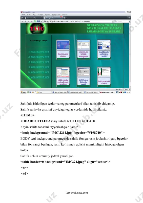 masi quyidagicha: 1-jadvalchaning yaratilish sxemasi quyidagicha: windows xp ni o'rnatish qolgan jadvalchalar ham shu tartibda yaratilgan. o’rnatilgan gipersikalar yangi sahifalarga olib chiqadi. sayt menyusining ( html teglari) umumiy ko’rinishi quyidagicha: asosiy sahifa labaratoriya ishlari 1-labaratoriya ishi 2-labaratoriya ishi 3-labaratoriya ishi 4-labaratoriya ishi 5-labaratoriya ishi 6-labaratoriya ishi windows xp ni o'rnatish windows xp xavfsizlik parametrlarini sozlash foydalanuvchi qayd yozuvini yaratish ntfs vositalari yordamida siqish va shifrlash mc word da makroslar yaratish antivirus dasturini o’rnatish test-book.ucoz.com