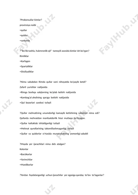 odatxonada ? afina palestrlarida o’quvchilarga qanday fanlar o’qitilgan? adabiyot, she’r yozish, musiqa =hamma javoblar to’g’ri =astronomiya, matematika, musiqa =mushtlashuv janglari, harbiy ishlar, otda salt yurish ? afinada o’g’il bolalar necha yoshidan gimnastika bilan shug’ullanganlar? 14 yoshdan =10 yoshdan =6 yoshdan =7 yoshdan ? afina palestrlaridan joy olgan «diskobol»(disk uloqtiruvchi) haykalining muallifi kim bo’lgan? miron =aristofan =perikl =poliklet ? «nayzabardor» haykalining muallifi kim bo’lgan? poliklet =dedal =miltiad =miron ?afinada oliy ma’lumot beradigan o’quv yurtlarida qaysi fanlar o’qitilgan? astronomiya, geometriya, geografiya, tarix =mushtlashish, harbiy ishlar, otda salt yurish =adabiyot, she’r yozish, musiqa =tibbiyot, diniy fanlar, adabiyot ? janubiy yunonistonga mil.avv.xii asrda qaysi qabilalar bostirib kirishgan? doriylar =mikenaliklar =forslar =axeylar ?janubiy yunonistonda doriylar qaysi davlatga asos solishgan? sparta =mikena =lakonika =afina ? spartada qulga aylantirilgan yunonlarni qanday atashgan? ilotlar =periyeklar =meteklar =goplitlar ? mil.avv.viii-vii asrlarda yunonistondagi qaysi davlatda qulga aylantirilgan aholi ko’pchilikni tashkil qilgan? sparta =knoss =fiva =afina ? qadimgi qaysi davlatda faylasuflar …