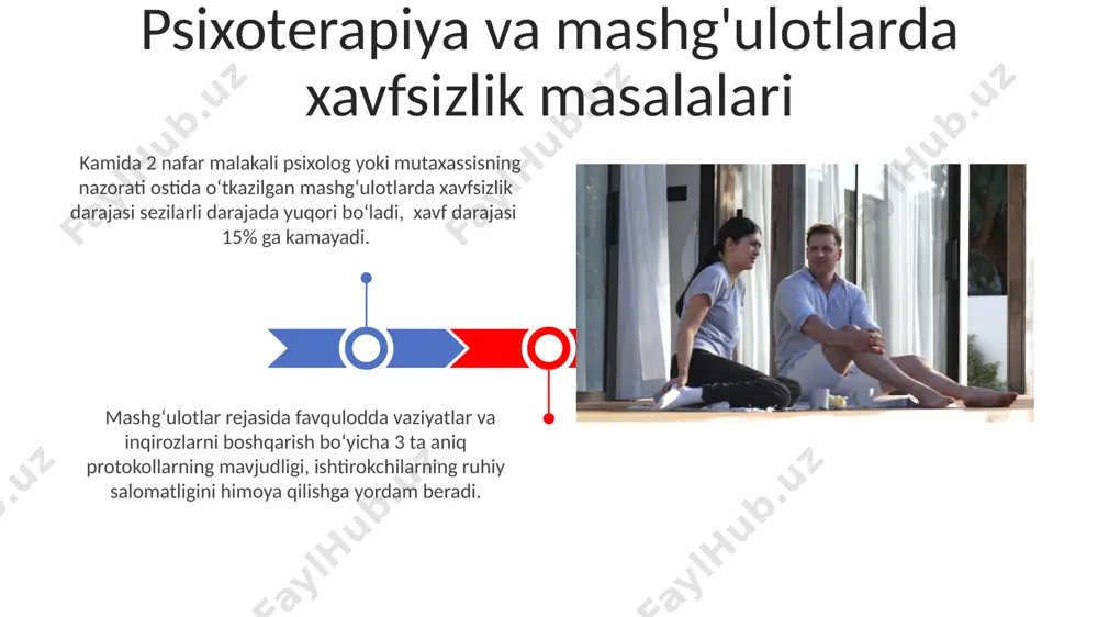 , masalan, maxfiylikni saqlash, ikki tomonlama munosabatlar va 10% dan ortiq boʻlmagan hollarda yuzaga keladigan oʻzaro manfaatlar toʻqnashuvi muhim ahamiyat kasb etadi. psixoterapevtlarning malakasi va tajribasining yetishmasligi, 20% hollarda diagnostika xatolariga olib kelishi mumkin va bu axloqiy masalalarni keltirib chiqaradi. axloqiy masalalar va cheklovlar stress va emotsional zo'riqishni boshqarish mashg'ulotlari mashg'ulotlar davomida ishlatiladigan kognitiv-xulq terapiyasi (kkt) usullari, stress darajasini 30% ga kamaytirishga yordam beradi, bu esa ishtirokchilarning hayot sifatini yaxshilashga hissa qo'shadi. samaradorlikni baholash uchun, mashg'ulotlar oldidan va keyin psixologik testlar (masalan, stai) o'tkaziladi. natijalar, mashg'ulotlarning bemorlarning ruhiy holatiga ijobiy ta'sirini ko'rsatadi. mijozlar bilan ishlashning turli usullari mijozlar bilan ishlashda 3 ta asosiy psixoterapevtik yondashuv – psixodinamik, kognitiv-xulq va gestalt terapiyasi – har xil muammolarga turlicha yondashishni ta’minlaydi. samarali terapiya jarayonida mijozning 70% faol ishtiroki va 30% terapevtning professional yordami muhim ahamiyatga ega. mashg'ulot jarayonida psixoterapiya usullarini tanlash individual yondashuvni taʼminlash uchun, har bir ishtirokchi uchun alohida psixoterapiya rejasi tuzish …