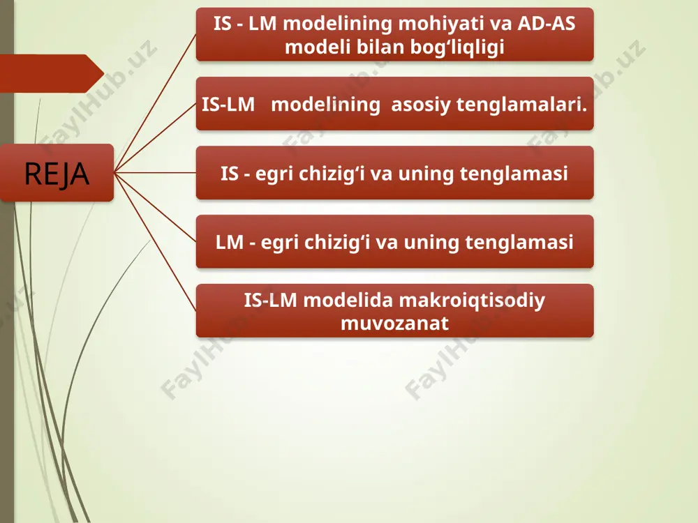 di darajasi; sof soliqlar (soliqlar - subsidiyalar - transfertlar); investitsiyalar hajmining (r ning mavjud stavkasida) oʻzgarishi. pul bozoridagi muvozanat lm egri chizigʻi grafigi grafigi lm egri chizigʻi tenglamasi pulga talab funksiyasini r va y ga nisbatan yechib topiladi. r ga nisbatan lm egri chizigʻi tenglamasi quyidagicha: r=(k/h)y - (1/h) (m/p). y ga nisbatan lm egri chizigʻi tenglamasi quyidagicha: y = (1/k) (m/p) + (h/k) r. k/h koeffitsiyenti lm egri chizigʻining y oʻqiga nisbatan ogʻish burchagini xarakterlaydi hamda fiskal va pul kredit siyosatining nisbiy samaradorligini baholaydi. bozor iqtisodiyoti sharoitida makroiqtisodiy muvozanatga erishishning roli va ahamiyati benihoya kattadir. makroiqtisodiy muvozanat mamlakat iqtisodiyotining toʻgʻri yoki notoʻgʻri yoʻldan borayotganligini koʻrsatuvchi omillardan biri boʻlib hisoblanadi. chunki, iqtisodiyotda boʻlayotgan doimiy oʻzgarishlar xar qanday mamlakatni ham iqtisodiy muvozanatdan chiqarib yuborishi mumkin. iqtisodiy tizimlardagi ogʻish tovarlar va xizmatlar taqchilligini yoki ortiqcha ishlab chiqarilganligini, inflyatsiya, ishsizlik va shunga oʻxshash boshqa salbiy hodisalar sifatida namoyon boʻladi. is-lm egri chiziqlari kesishadigan …