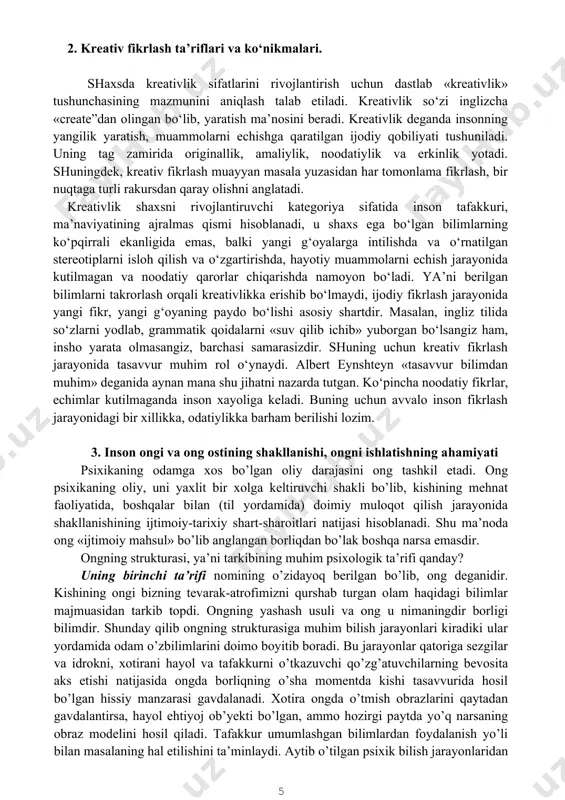 aviy qarorlar qabul qilinadi, xarakatlarni bajarishning qanday borishi hisobga olinadi, unga tegishli tuzatishlar kiritiladi va x.z. «kishi tabiat tomonidan berilgan narsalar bilan birga o’zining ongli maqsadini ham amalga oshiradi, bu maqsad qonun sifatida, kishining ish usulini va bu ishning xarakterini belgilab beradi va kishi o’z irodasini ana shu maqsadga bo’ysundirishi lozim»;-deb ta’kidlagan edi. maqsadni ko’zlovchi faoliyatning amalga oshirilishida, uning muvofiqlashtirilishida va yo’nalishida kasallik oqibatida yoki biron-bir boshqa sabablarga ko’ra har qanday buzilishning yuz berishini ongning buzulganligi deb qaramoq kerak. nihoyat ongning to’rtinchi ta’rifi-uning tarkibiga muayyan munosabatning kirganligidir. ya’ni «mening o’z muhitimga bo’lgan munosabatim mening ongimdir». kishi ongiga muqarrar ravishda his-tuyg’ular olami kirib keladi. undamurakab ob’yektiv va eng avvalo odamning o’zi ham jalb etilgan ijtimoiy munosabatlar o’z aksini topadi. bu o’rinda ham boshqa ko’pgina hollarda bo’lgani kabi patalogiya normal ongning mohiyatini yaxshiroq anglab olishga yordam beradi. ayrim ruhiy kasalliklarga chalinganda ongning buzilganligi aynan his-tuyg’ular va munosabatlar sohasidagi buzilish bilan belgilanadi: bemor …