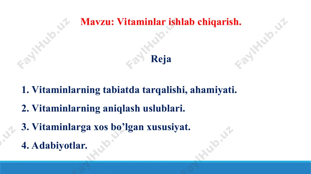 isoblanadi. ba’zi xollarda vitaminlar hayvonlar to’qimalarida ham provitaminlardan kimyoviy almashinuv reaksiyalari natijasida hosil bo’lishi mumkin. provitaminlarga yaqqol misol sifatida o’simliklarning organlarida uchrovchi bo’yoq maxsulotlar-karotin (α, β, γ) larni keltirish mumkin. ulardan hayvon organizmi to’qimalarida vitamin a, (retinol) hosil bo’ladi. vitaminlar uchun ularning molekulyar tuzilmasidagi maxsuslik xususiyati alohida ahamiyat kasb etadi. 3. vitaminlarga xos bo’lgan xususiyat. vitaminlarga xos bo’lgan bu xususiyat tabiatda ularning gomologik qatorini tashkil qiluvchi va ta’siri bo’yicha o’zaro o’xshash, lekin to’qima metabolizmiga har xil ta’sir etishi bilan farqlanuvchi gomovitaminlarning mavjudligi bilan bog’liq. vitaminlar tirik hujayralarda har xil kimyoviy tuzilishga ega bo’lgan xolatlarda uchraydi. bu biofaol moddalr erkin, fosforli efir va oqsillar bilan birikkan (proteinlangan) xolatlarda uchrashi mumkin. ko’p vitaminlar kofermentlar va kofaktorlarning sintezlanishi uchun plastik material sifatida xizmat qiladi. 4. adabiyotlar. 1. "когенерация синтез-газа / комбинированная теплоэнергетика". энергия кларка. архивировано с оригинала 27 августа 2012 года. проверено 22 февраля 2016 года. 2. мик, джейсон (3 марта 2010). "зачем …